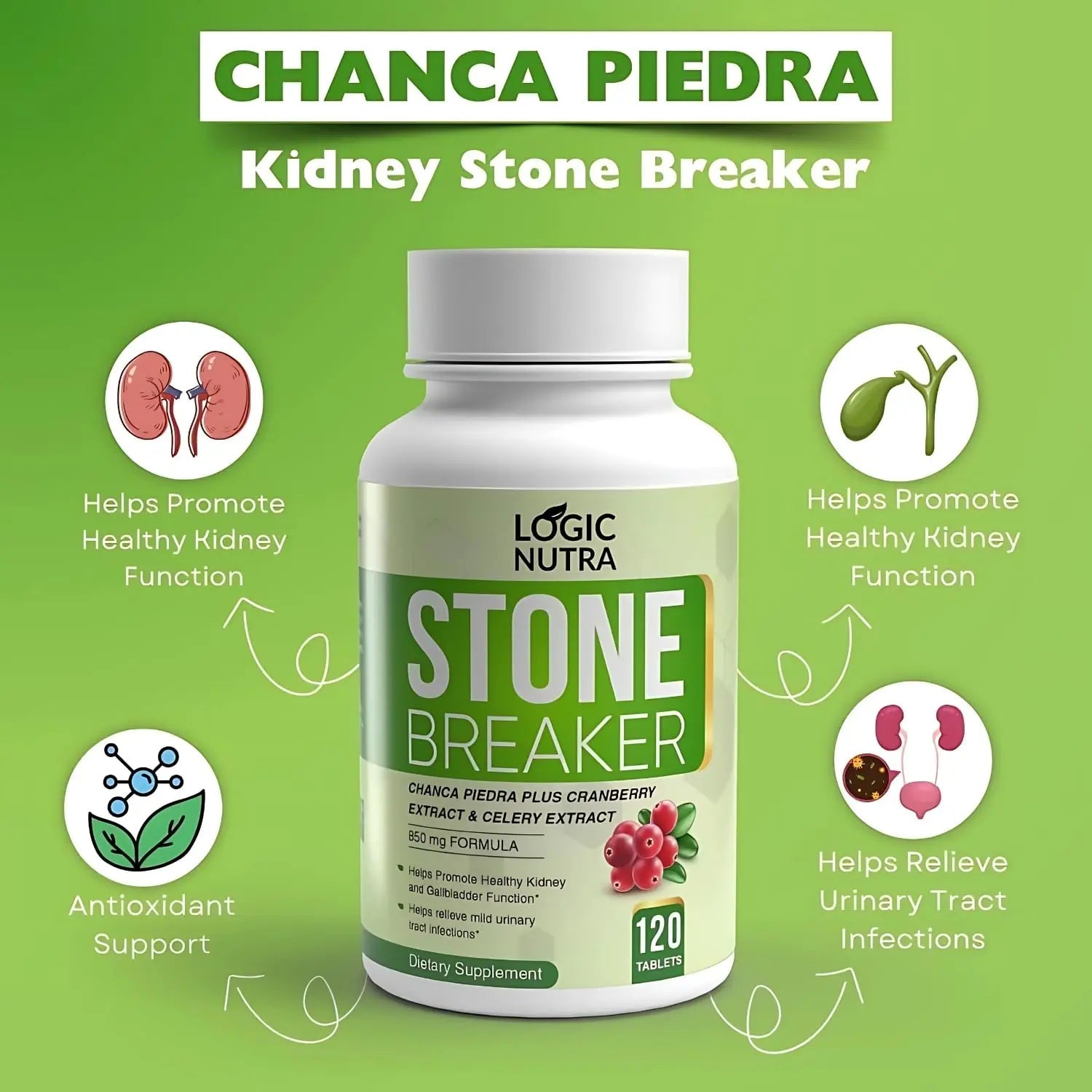 Logic Nutra Chanca Piedra Kidney Stone Breaker 120 Tablets 800 mg - Maximum Strength for Gallbladder & Urinary Cleanse with Phyllantus Niruri, Celery Seed Extract & Cranberry Extract Logic Nutra buy supplements canada