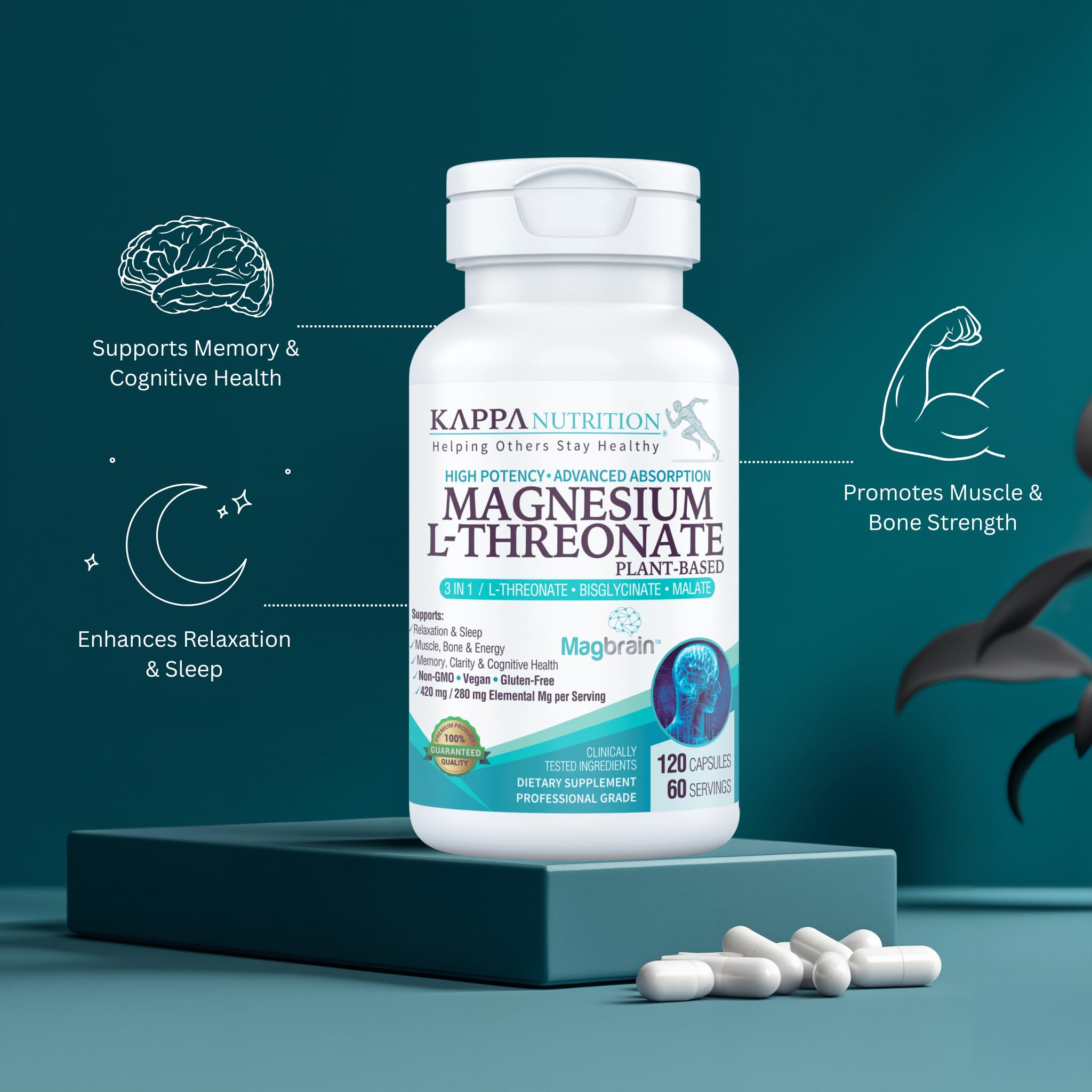 Kappa Nutrition Powered by Magbrain™ Magnesium L-Threonate Plant-Based, 420mg Elemental Magnesium (3 Capsules) from 2,253mg, 120 Vegan Capsules, Brain, Sleep & Muscle Support. KAPPA NUTRITION buy supplements canada