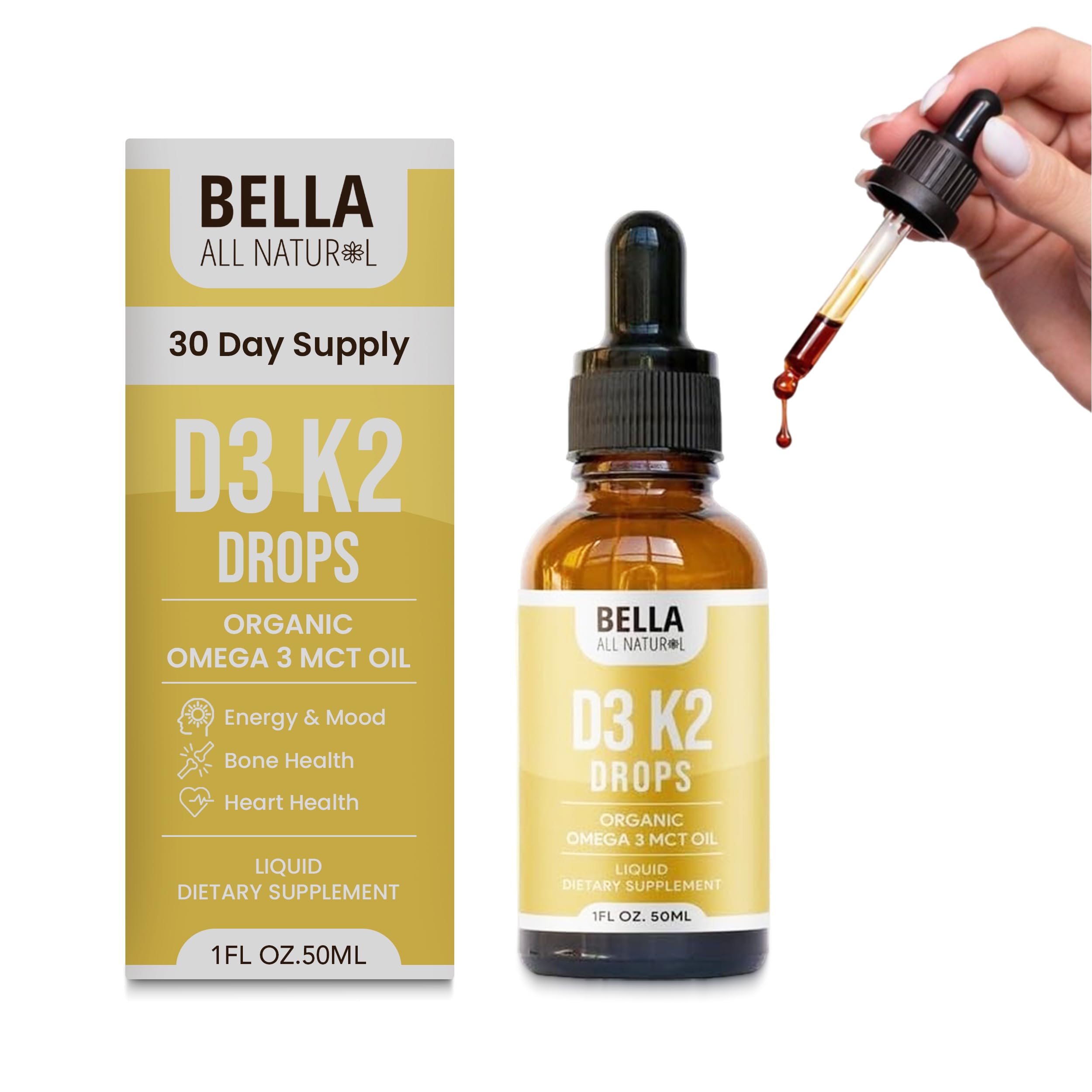 Bella All Natural Vitamin D3 K2 Liquid Drops 5000 IU (Unflavored) - Omega 3 with MCT Oil - Bella All Natural buy supplements canada