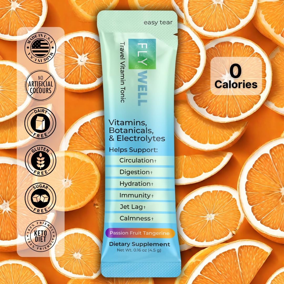 FlyWell Travel Vitamin Tonic for Flight, Jet Lag, Hydration, Circulation, Digestion & Immune Support, Promotes Calmness, Electrolyte Powder, Travel Essentials, FlyWell buy supplements canada