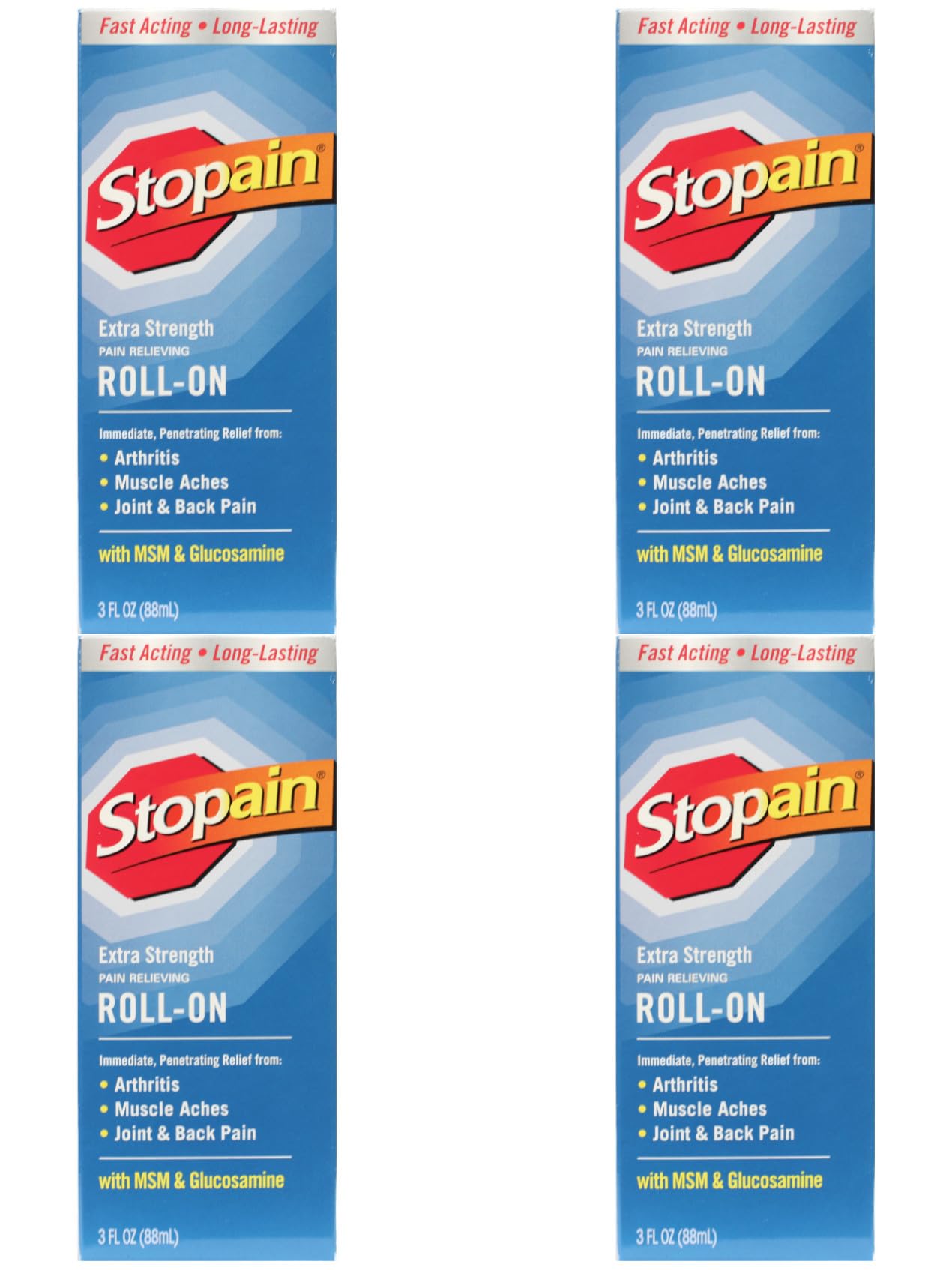 Stopain Pain Relief Roll On Gel 3oz (4 Pack) USA Made, Max Strength Fast Acting with MSM, Glucosamine, Menthol for Lower Back, Knee, Neck, HSA FSA Approved Topical Analgesic Products Stopain buy supplements canada