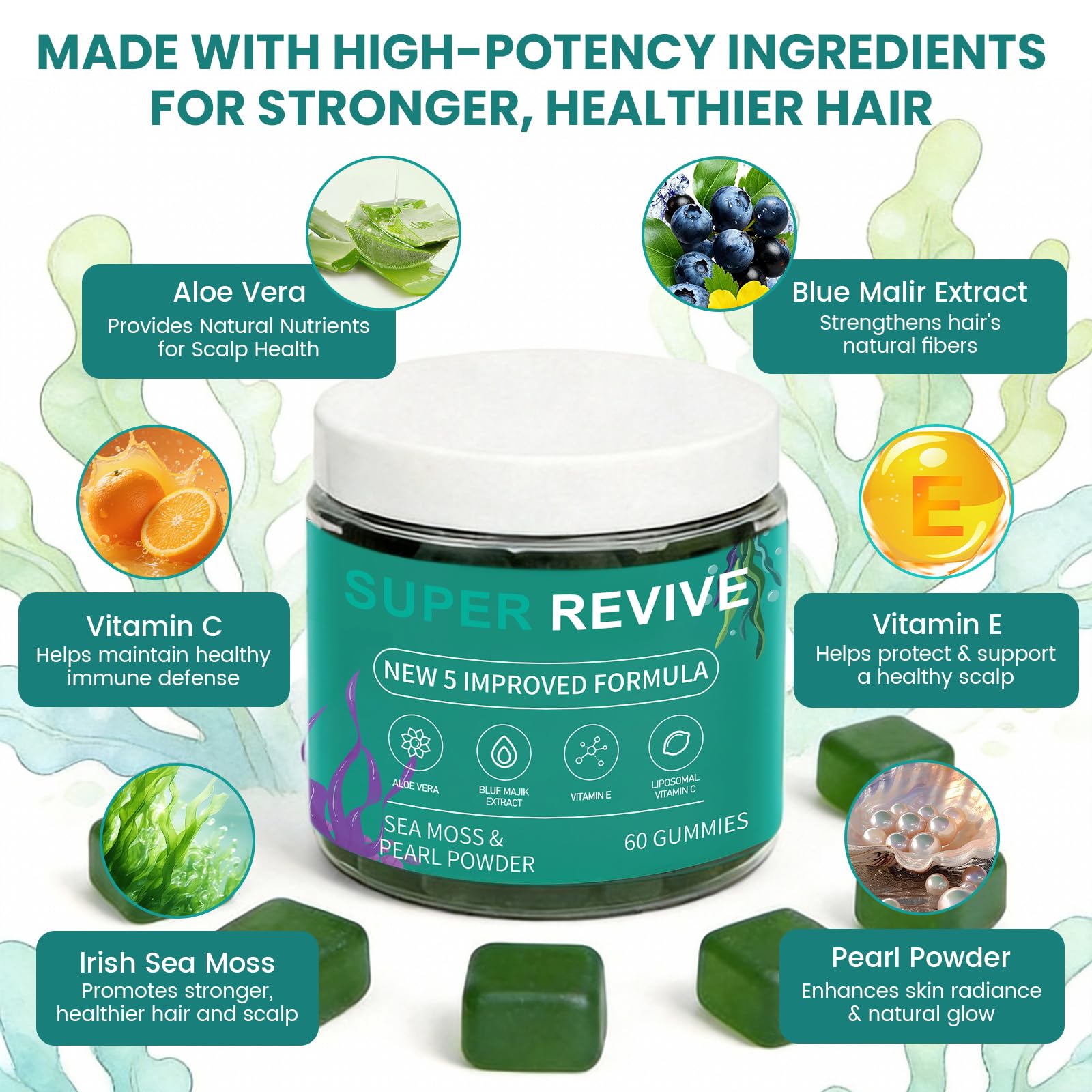 caicieter Super Revive Gummies for Hair Loss - Sea Moss Gummies with Vitamin C, E, Aloe Vera & Pearl Powder Glow, Promotes Thicker, Fuller & Stronger Hair - 60 Count caicieter buy supplements canada