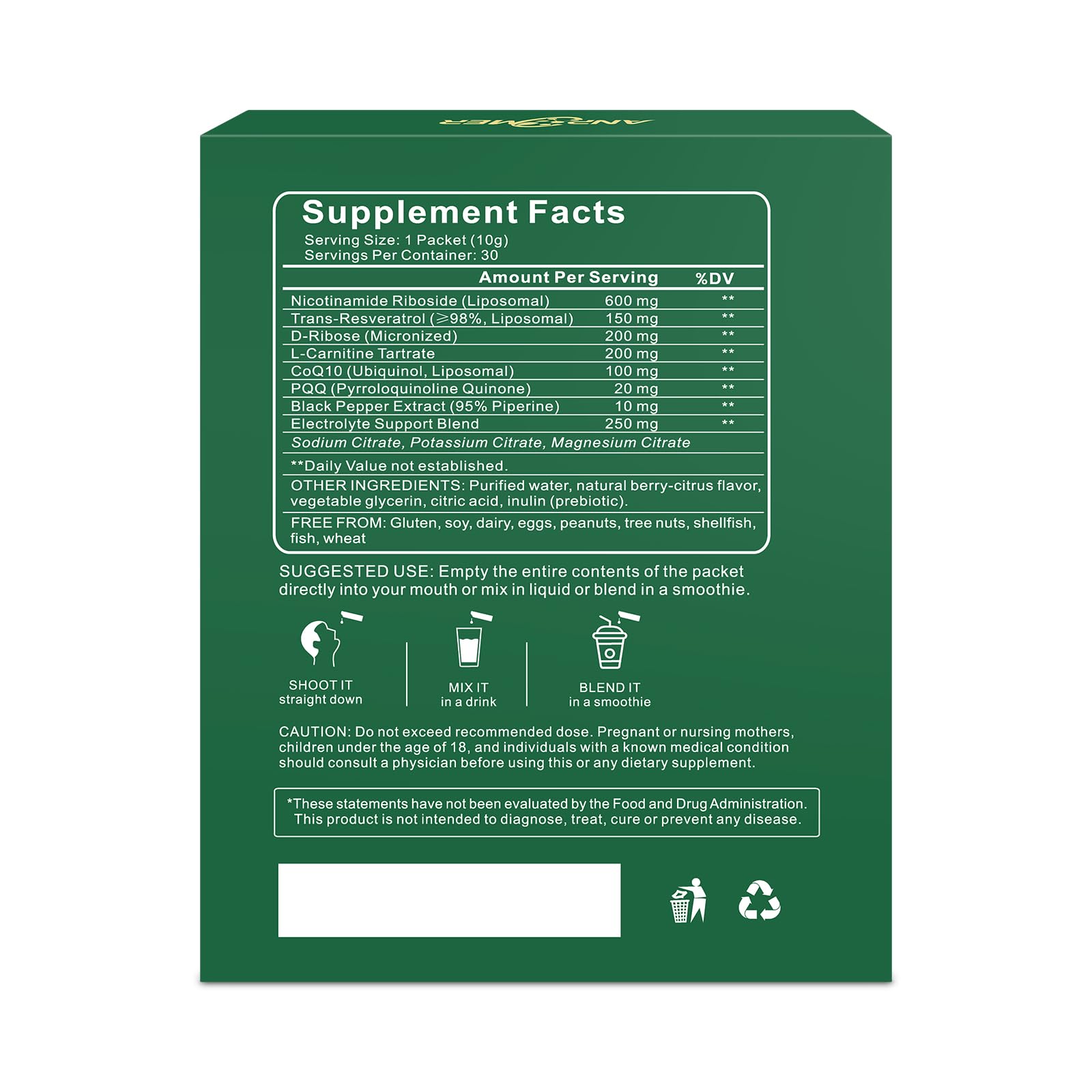 ANPOMER NAD Supplement with Liposomal Nicotinamide Riboside 600mg, Resveratrol, CoQ10, PQQ & D-Ribose, Electrolyte Blend, 30 Liquid Packets ANPOMER buy supplements canada