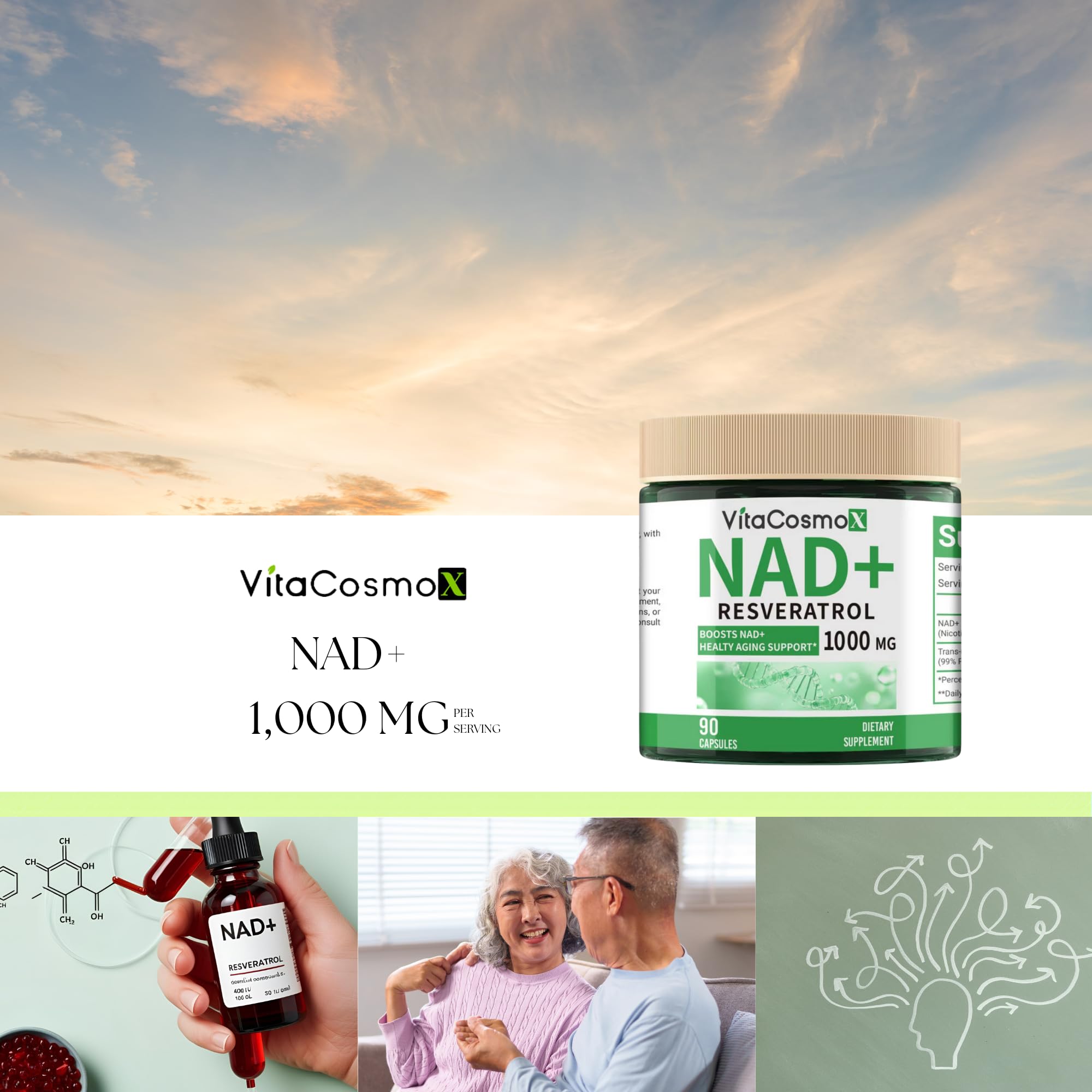 VitaCosmoX NAD+ with Resveratrol Similar to Nicotinamide Riboside Supplement, 1000 mg, 90 Capsules Vegan Non-GMO VitaCosmoX buy supplements canada