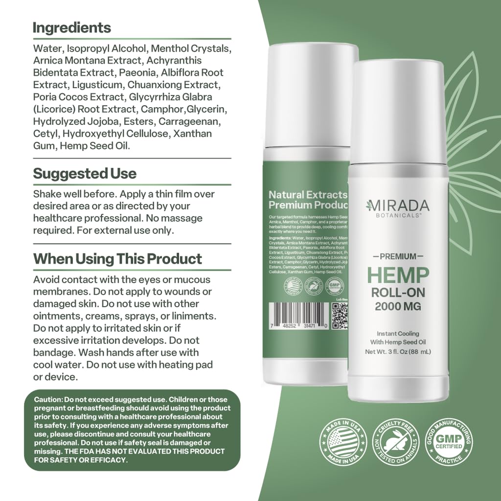 Mirada Botanicals Hemp Cooling Relief Roll-On – 2000mg - Menthol & Arnica – Muscle & Joint Support Mirada Botanicals buy supplements canada