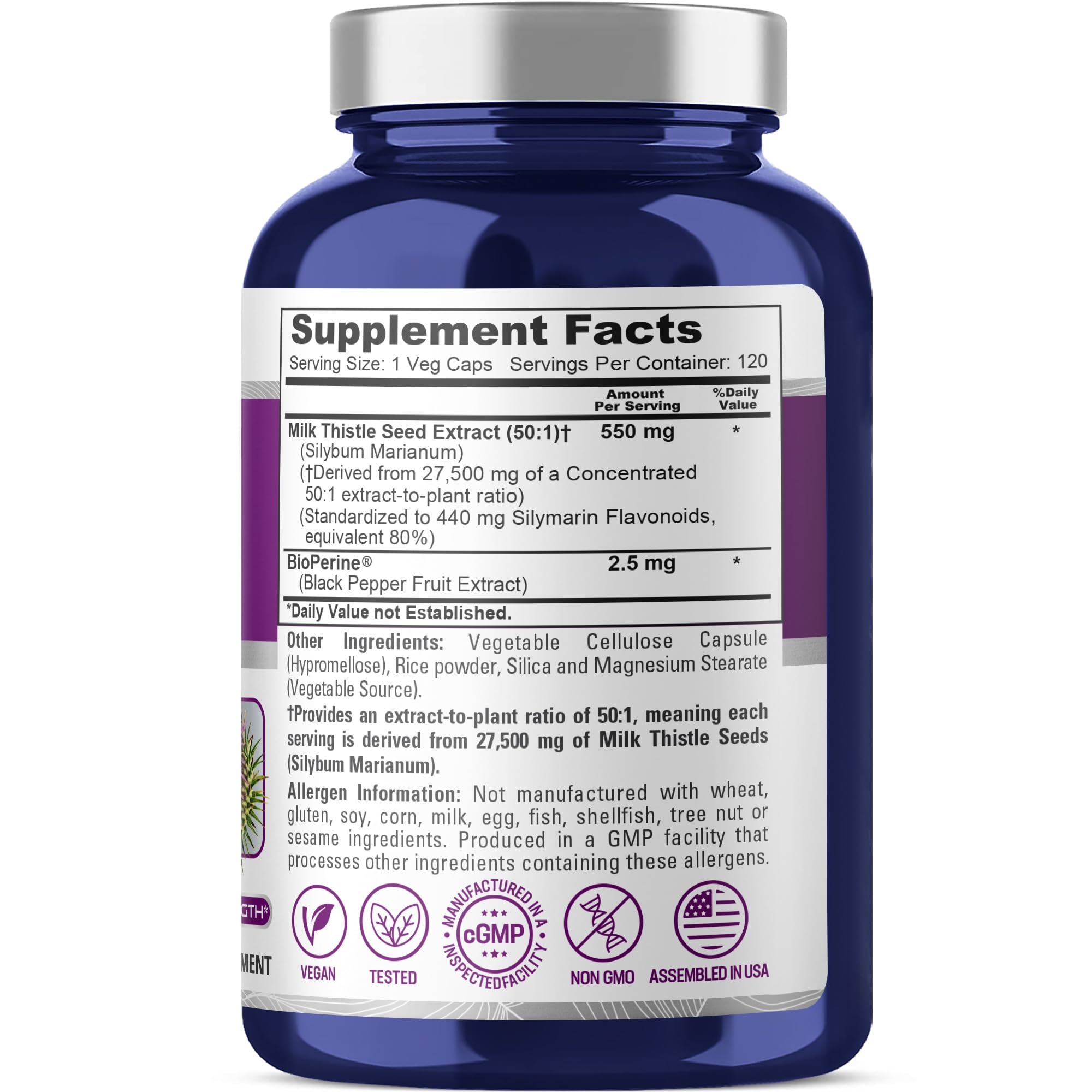 NusaPure Milk Thistle 50:1 Extract, 550 mg Equivalent to 27,500mg 120 Veggie Capsules Non-GMO, Vegan Max Strength - Standardized 80% Silymarin, Bioperine NusaPure buy supplements canada