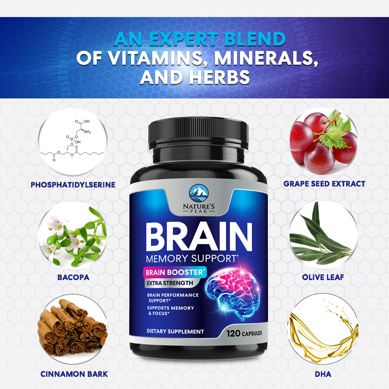 Brain Memory Supplement - 3X Strength Nootropics for Concentration, Clarity & Focus Support - Brain Health Cognitive Vitamins with Bacopa, Phosphatidylserine & DMAE, Brain Booster Pills, 120 Capsules Nature's Peak buy supplements canada