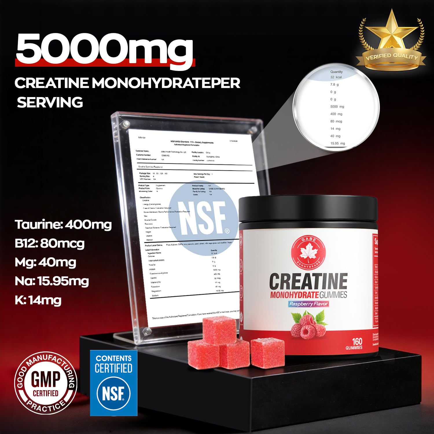 GABE SUNNYBEARS Creatine Gummies, NSF Certified, 5g Creatine Monohydrate per Serving with Taurine & B12, Raspberry Flavor, 160 Count, for Men & Women GABE SUNNYBEARS buy supplements canada