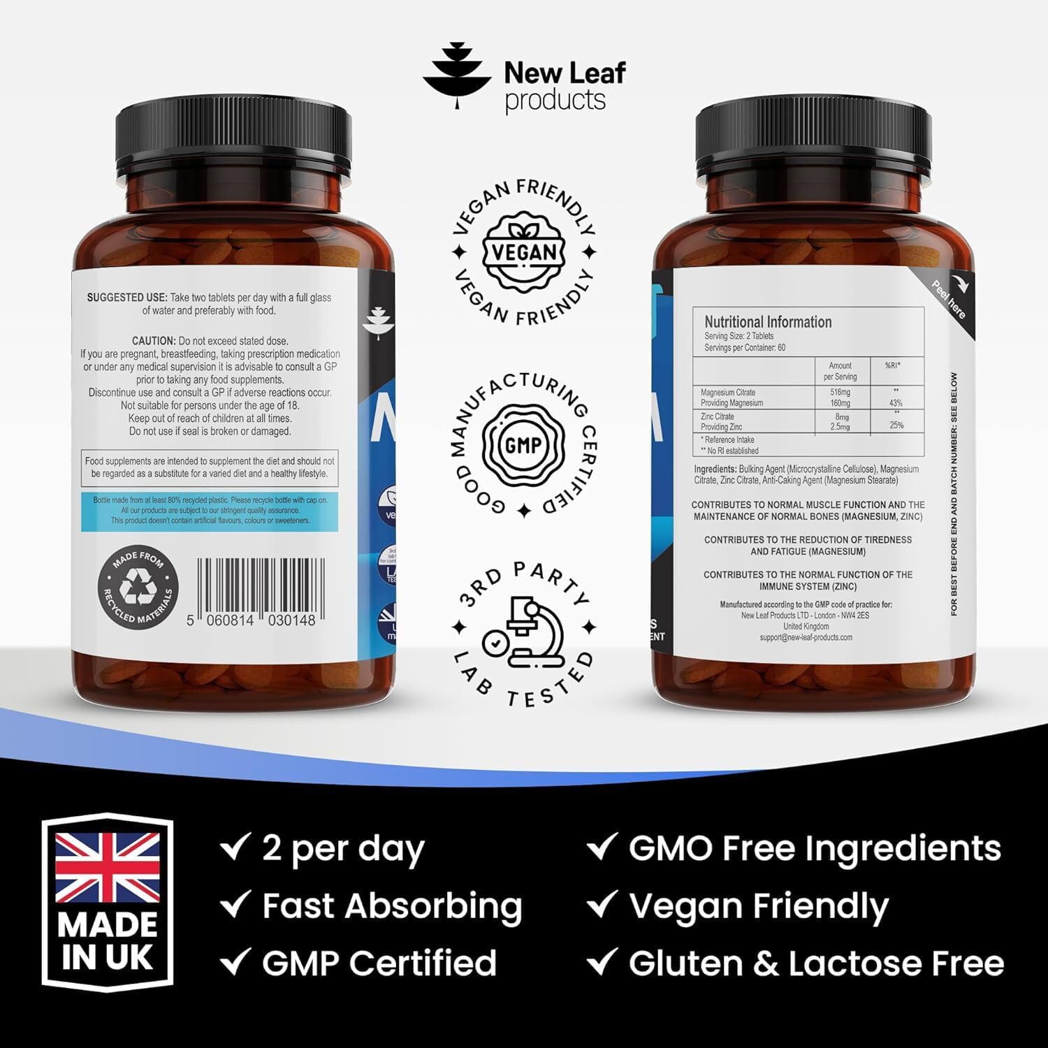 Magnesium Supplements 516mg With Zinc - 120 Magnesium Tablets Supports Muscle NEW LEAF PRODUCTS buy supplements canada