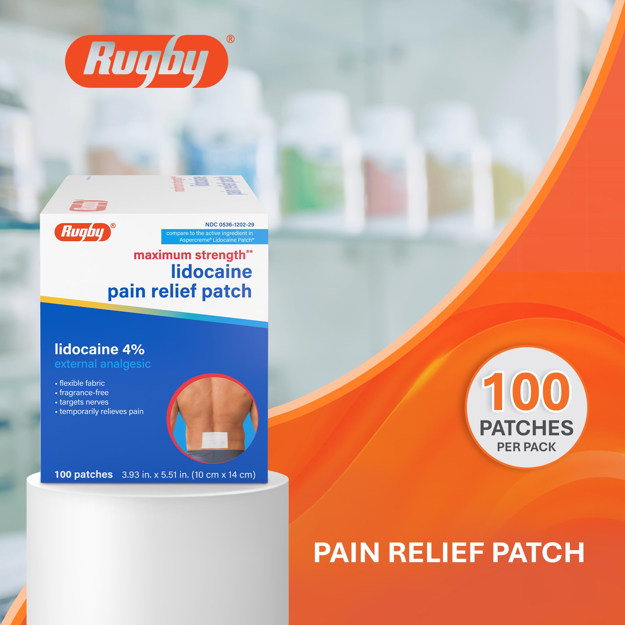 Rugby Maximum Strength 4% Lidocaine Pain Relief Patch- External Analgesic - Flexible Fabric, Fragrance-Free - Temporarily Relieves Pain - 100 Patches (10 cm x 14 cm Each) RUGBY LABORATORIES buy supplements canada