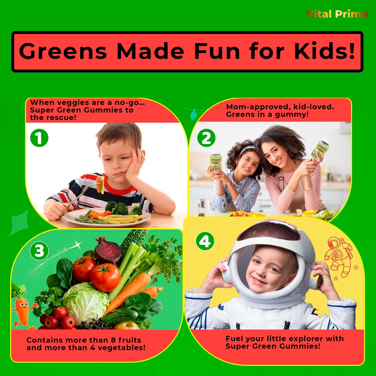 FourRoar Vital Prime Super Green Gummies for Kids 90 Count Strawberry & Watermelon Flavor | Fruit and Vegetable Gummies | Vegan Veggies Gummy Multivitamin for Kids FourRoar buy supplements canada