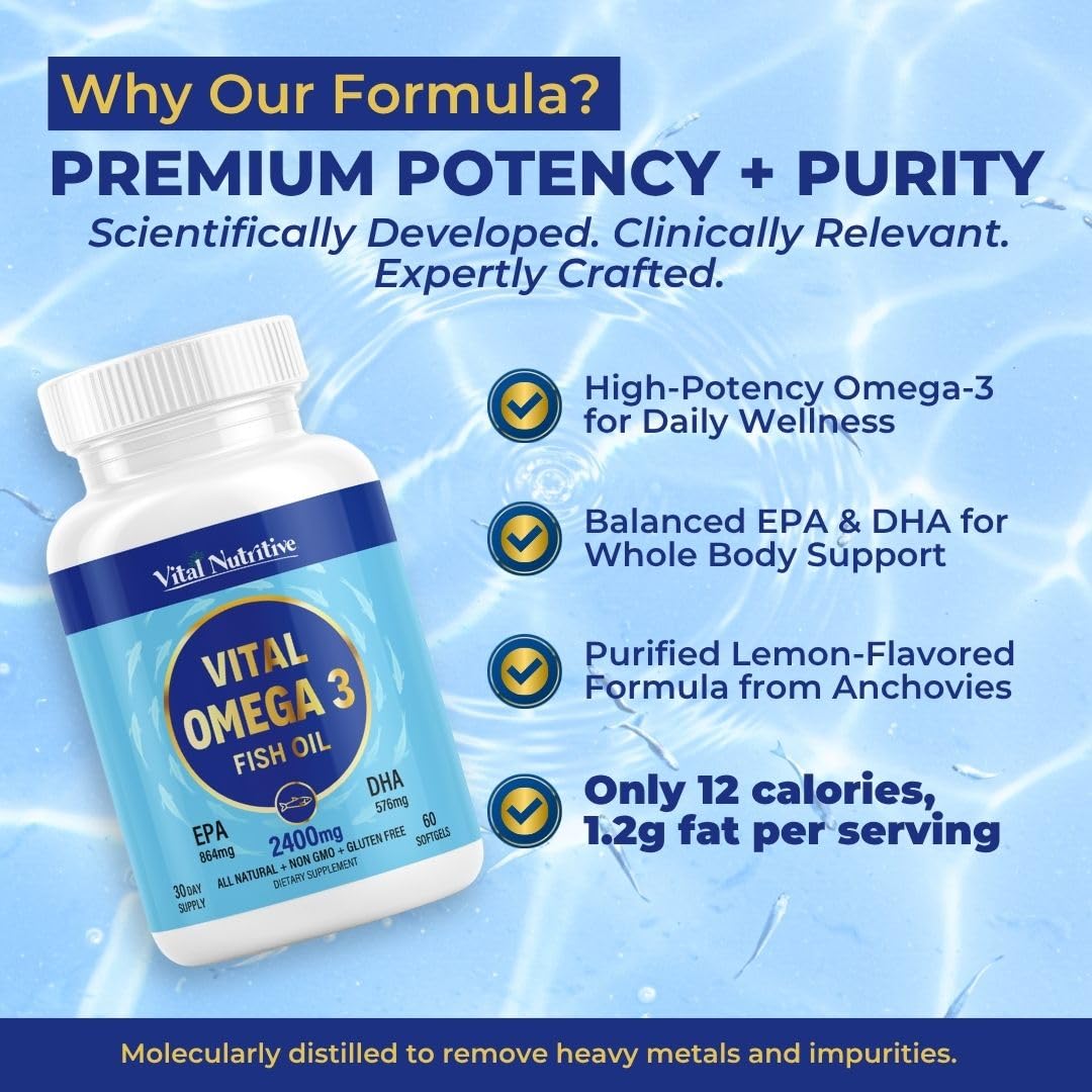 Vital Omega 3 Fish Oil Supplements 2400mg | 864mg EPA & 576mg DHA | 1440mg Total Omega-3 Fatty Acids | Promotes Brain & Heart Health | Non-GMO, Gluten-Free, Sugar-Free | Lemon | 60 Day Servings VITAL NUTRITIVE buy supplements canada