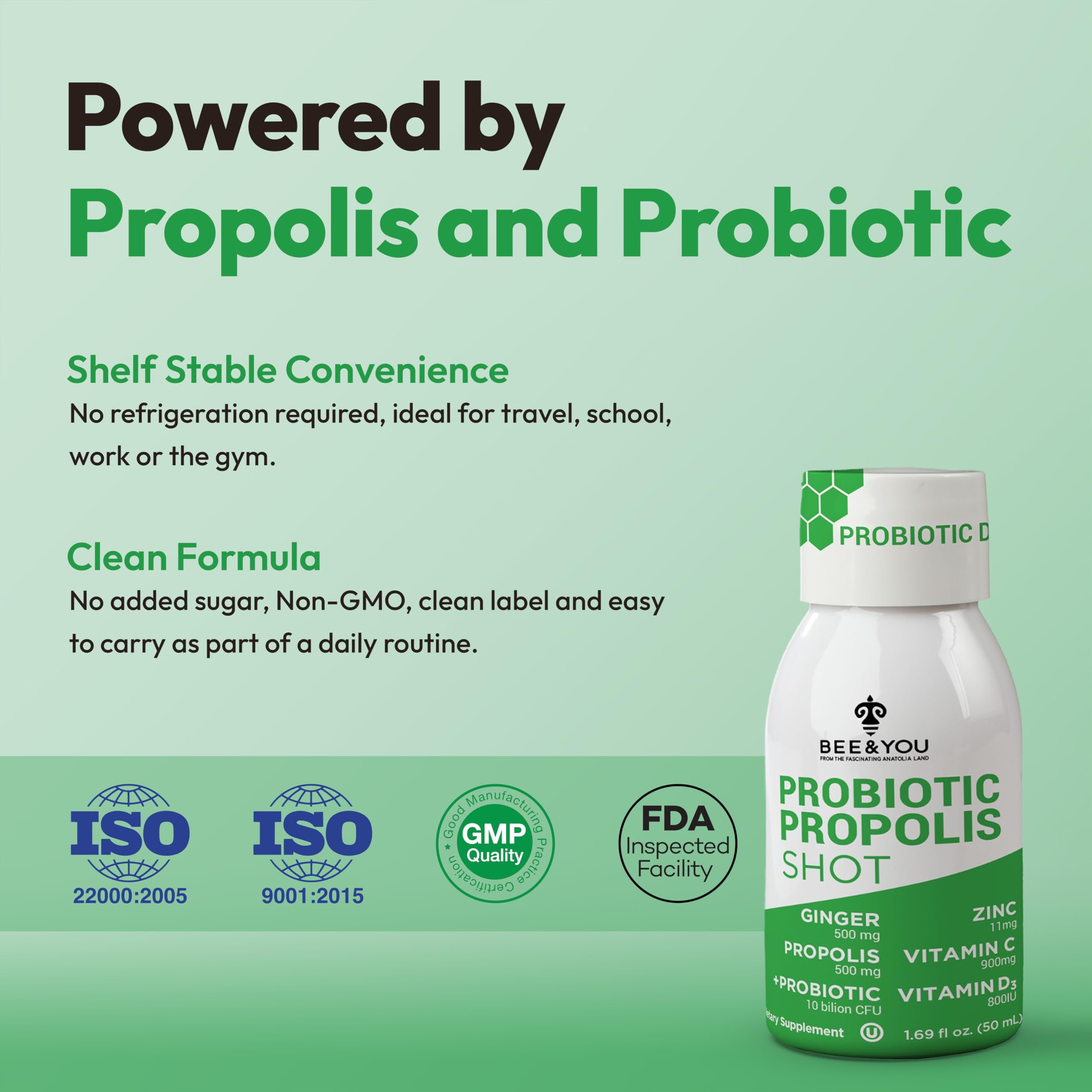 Bee and You Propolis Immune Shot, Probiotic, Vitamin C, Vitamin D3, Zinc, Ginger, Immune Support, Gut Health, Digestive Health, Bioactive 1.69 Fl. oz, 12 Pack BEE & YOU buy supplements canada