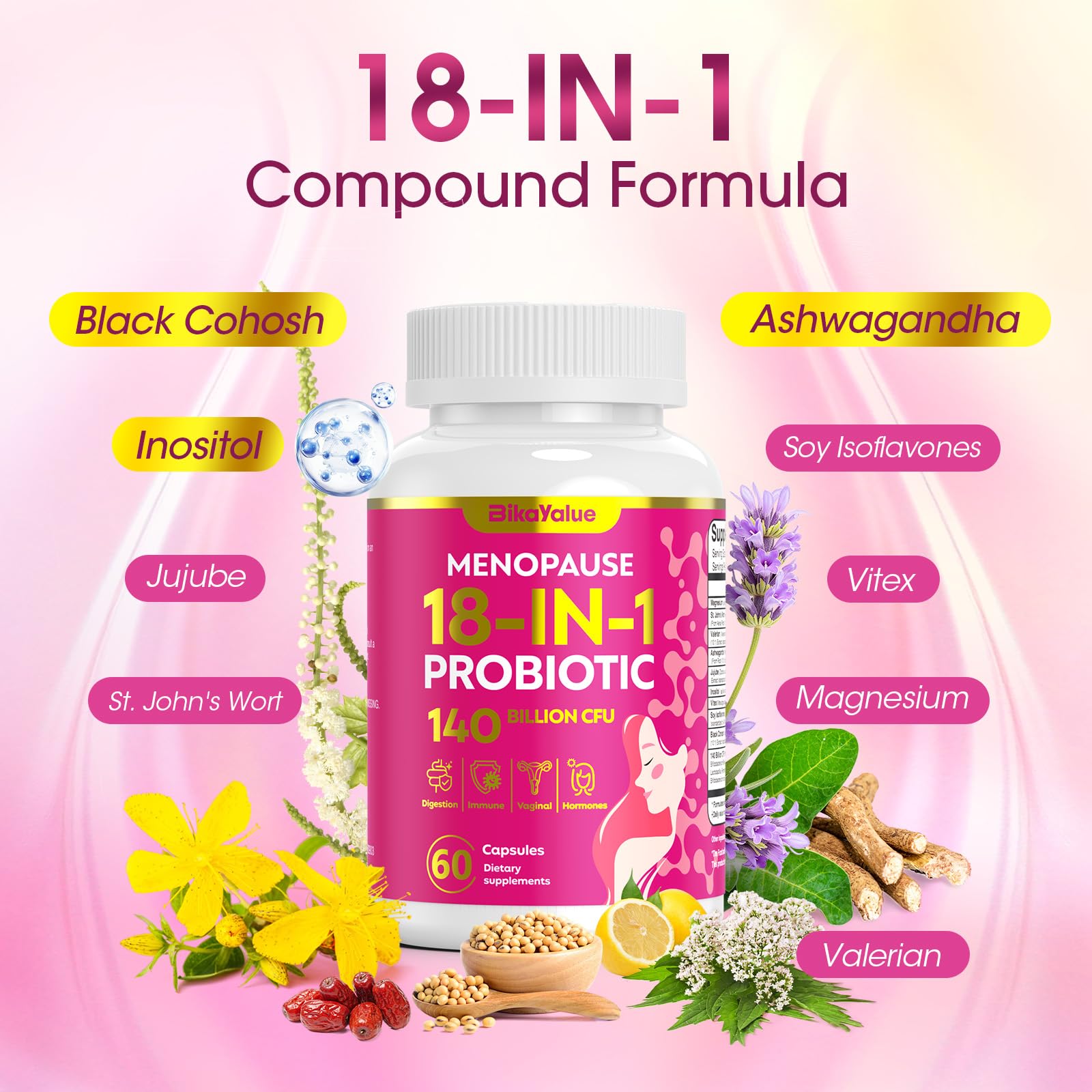 Menopause Supplements for Women, 140 Billion CFU Probiotics, 18-in-1 Menopause Relief with Magnesium, Black Cohosh, Inositol, Hormone Harmony for Women, Night Sweats, Mood Swings, Immunity - 60 Caps BIKAYALUE buy supplements canada