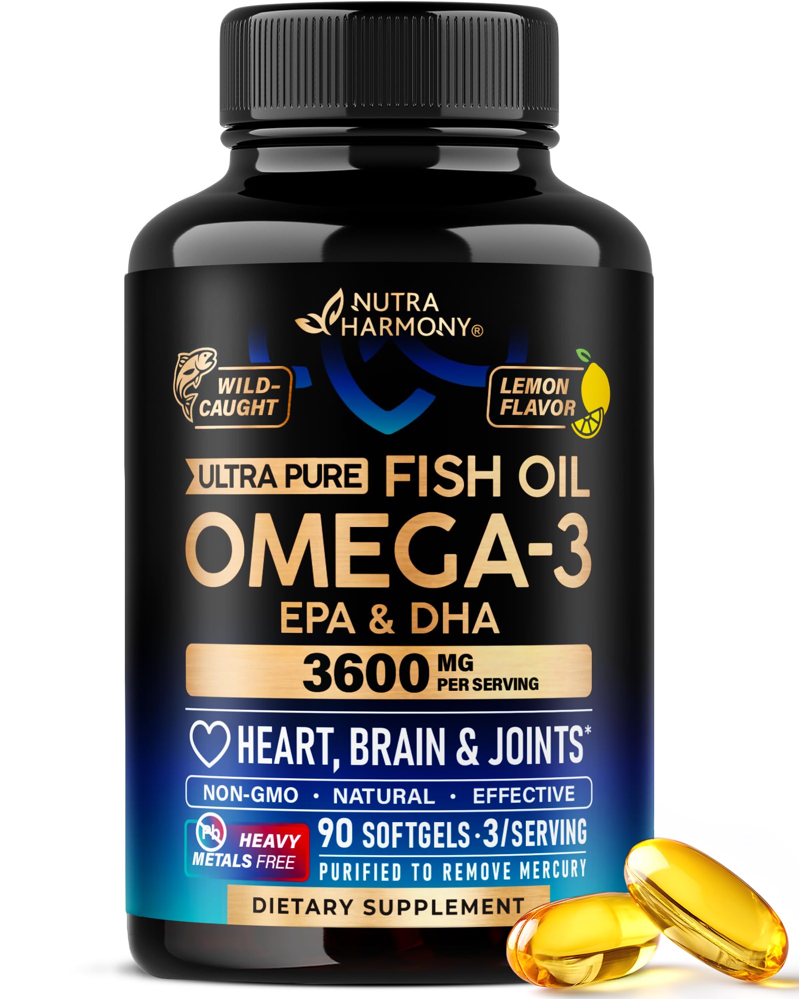 Omega 3 Fish Oil 3600 mg - Omega 3 Supplement | EPA & DHA - Heavy Metals Free - Heart, Brain & Joint Support - Purified Fish Oil for Men & Women - Lemon Flavored - Made in USA, 90 Softgels NUTRAHARMONY buy supplements canada