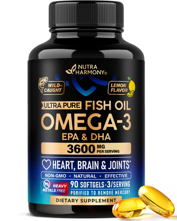 Omega 3 Fish Oil 3600 mg - Omega 3 Supplement | EPA & DHA - Heavy Metals Free - Heart, Brain & Joint Support - Purified Fish Oil for Men & Women - Lemon Flavored - Made in USA, 90 Softgels NUTRAHARMONY buy supplements canada