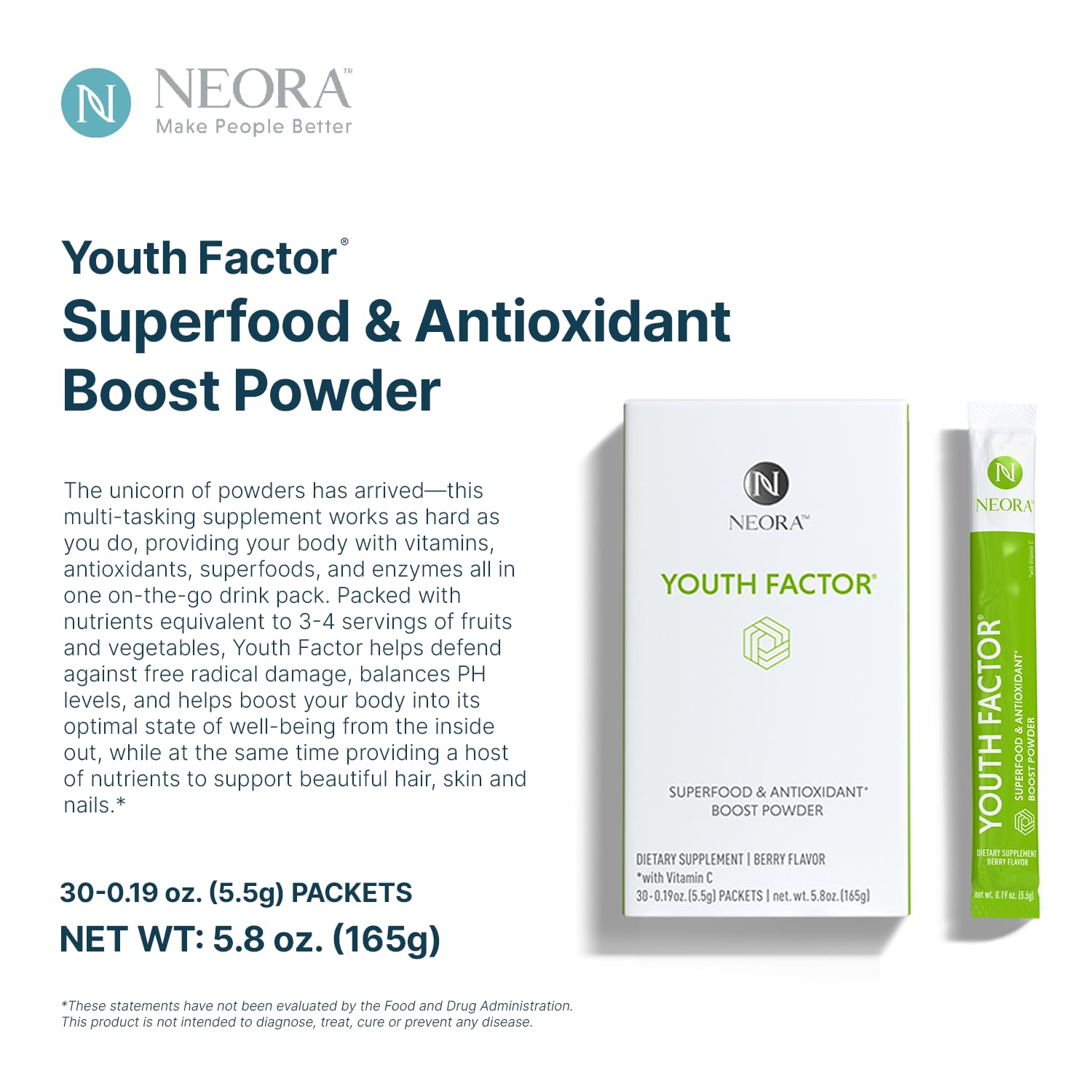 NEORA Youth Factor - Superfood Boost Powder - pH Balance, Hair Skin Nails Support, Fruits & Veggies Equivalent, Nutrient Absorption - 30 Packets NEORA buy supplements canada