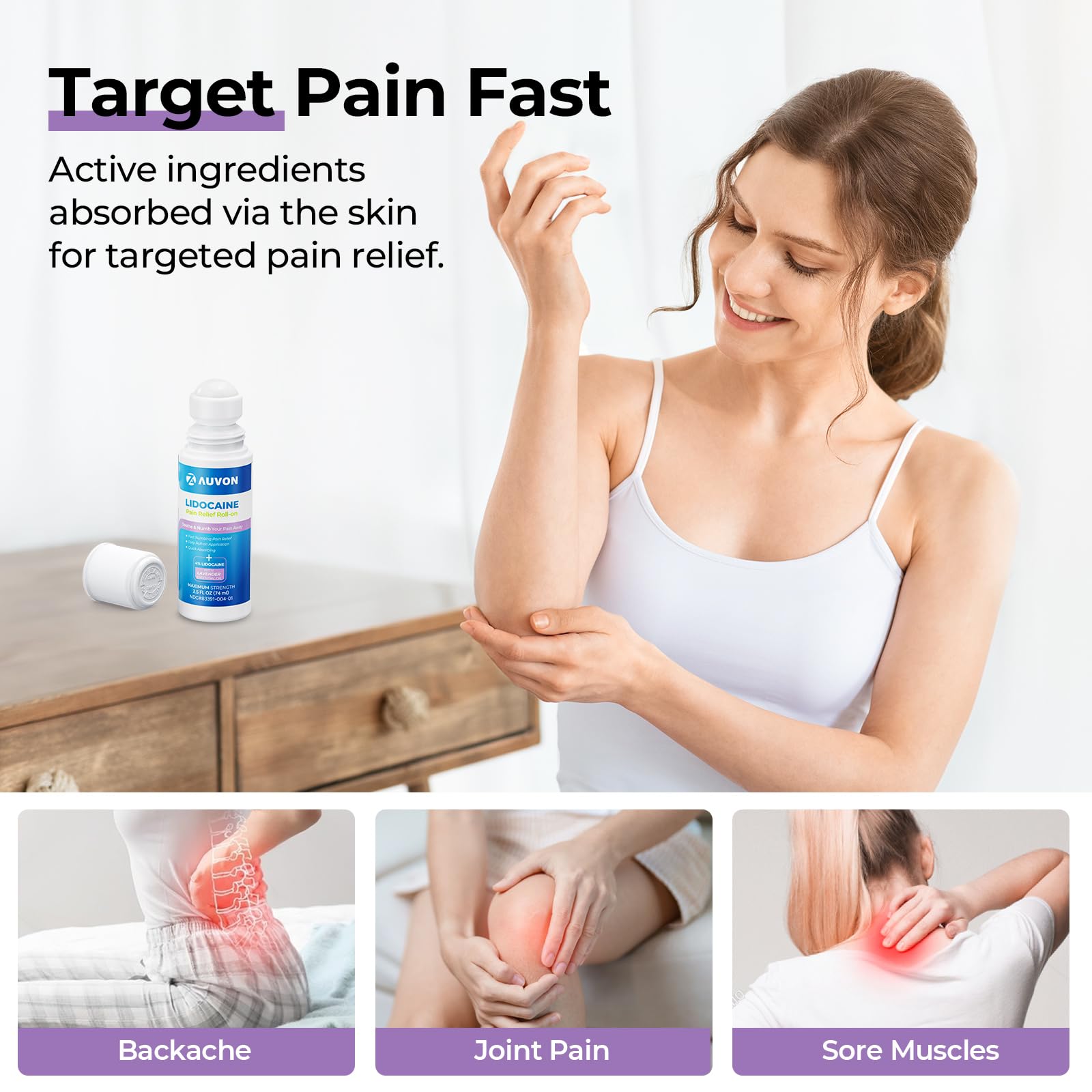 AUVON Max Strength Lidocaine Pain Relief Roll-On with Lavender Essential Oil, No Mess Applicator, Quick Absorbing to Numb & Soothe Pain Relief for Knees, Shoulders, 2.5 Oz, 2 Packs AUVON buy supplements canada