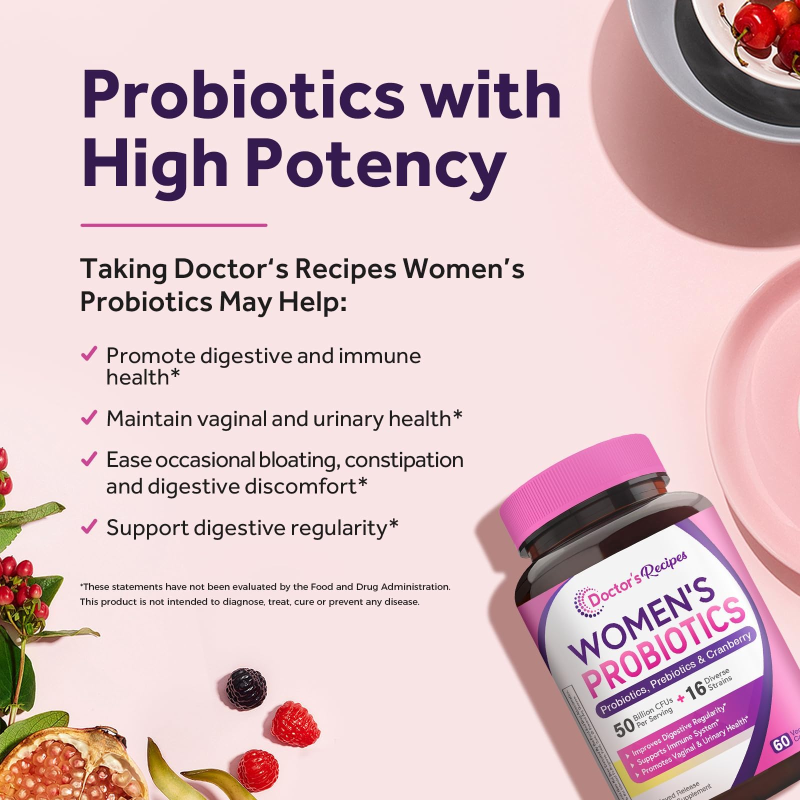 Doctor's Recipes Women's Probiotic, 60 Caps 50 Billion CFU 16 Strains, with Organic Cranberry, Digestive Immune Vaginal & Urinary Health, Shelf Stable Doctor's Recipes buy supplements canada
