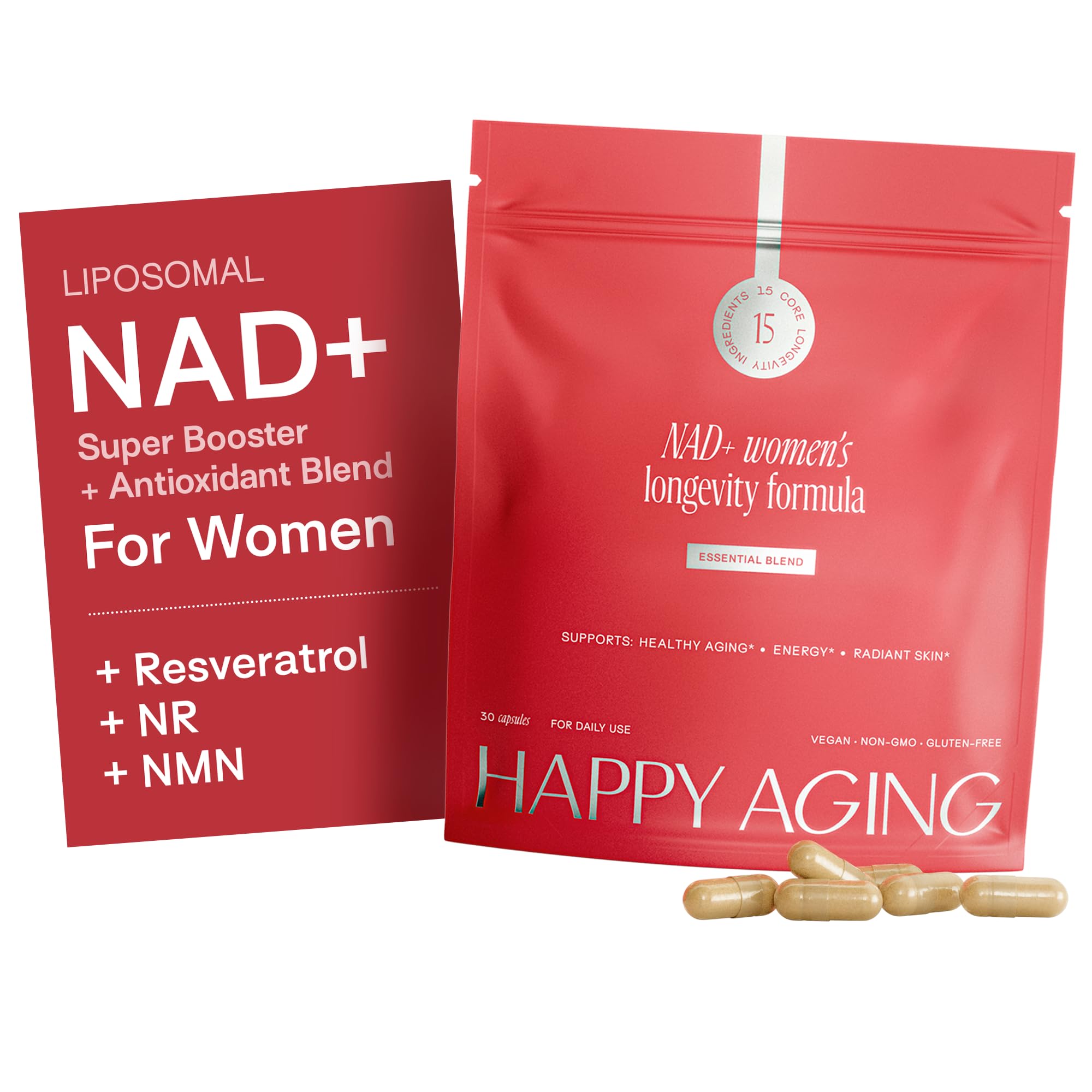 Happy Aging Essential Longevity Formula, NAD+ Super Booster with NR, NMNH & Liposomal β-NAD+, Organic Antioxidant Superfruit Blend for Cellular Energy, Skin Hydration & Daily Vitality, 30 Capsules Happy Aging buy supplements canada