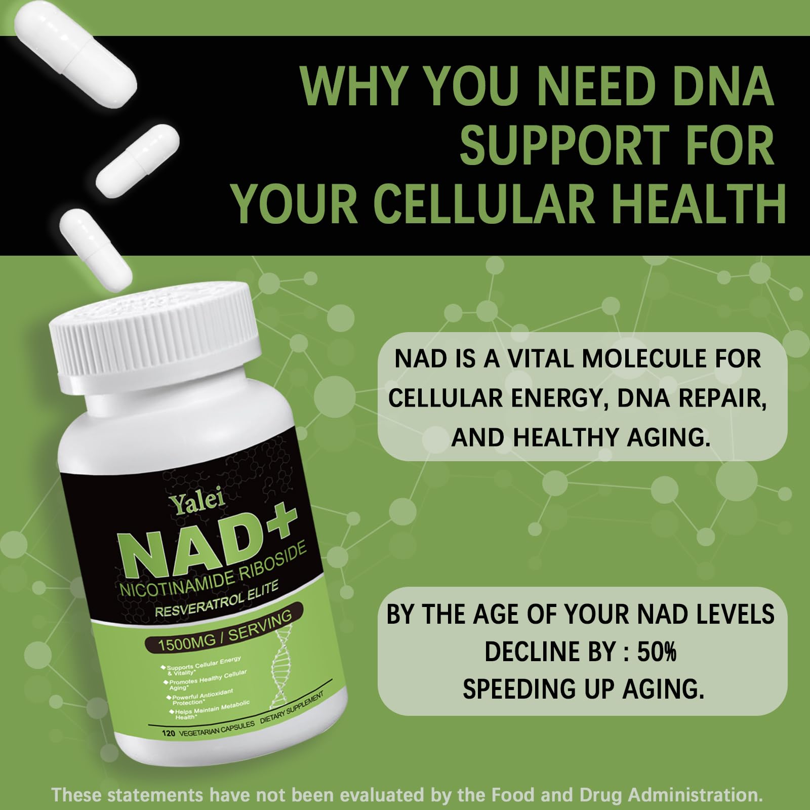 Yalei NAD Resveratrol Supplement 1500mg,120 Veggie Capsules | Liposomal NAD Plus Boosting | Support Cellular Health, Stamina & Healthy Aging for Women & Men | Non-GMO Yalei buy supplements canada