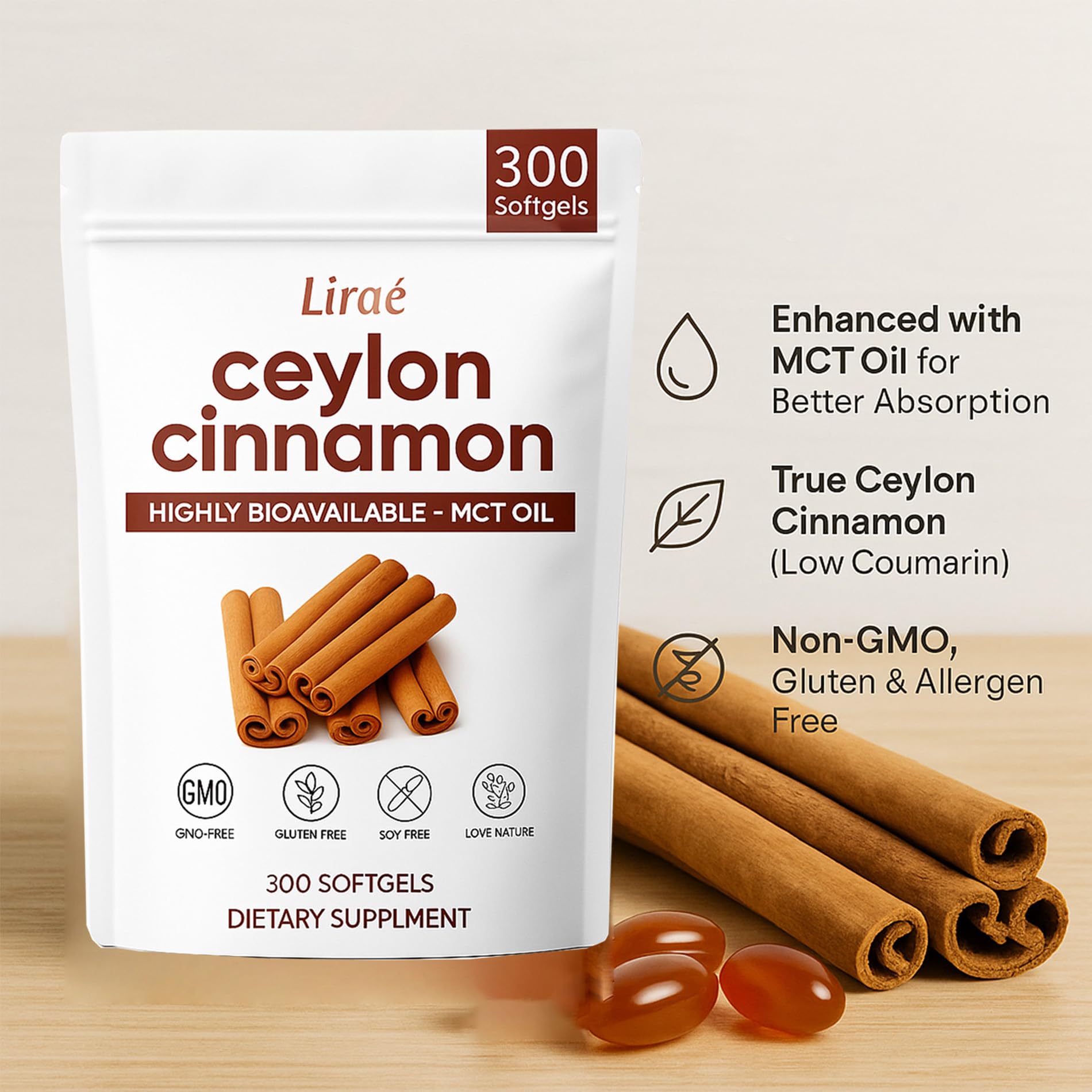 LIRAE Ceylon Cinnamon Softgels with MCT Oil – 300 Softgels – True Ceylon Cinnamon Supplement – Non-GMO, Gluten Free LIRAE buy supplements canada