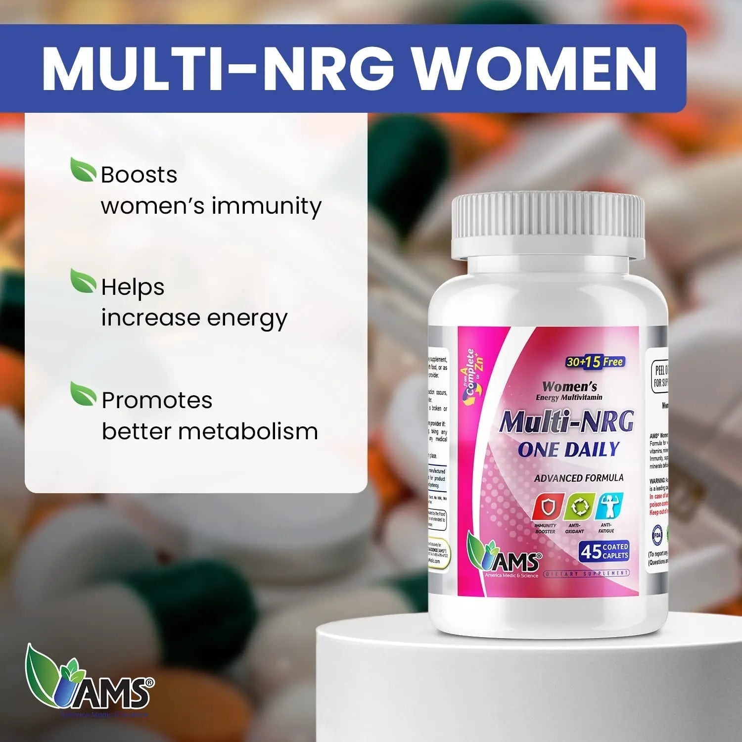 America Medic & Science Multivitamins for Women, Multi-NRG, 45 Coated Caplets, One Daily, Immune Support Supplements, Vitamin C & B Complex America Medic & Science buy supplements canada
