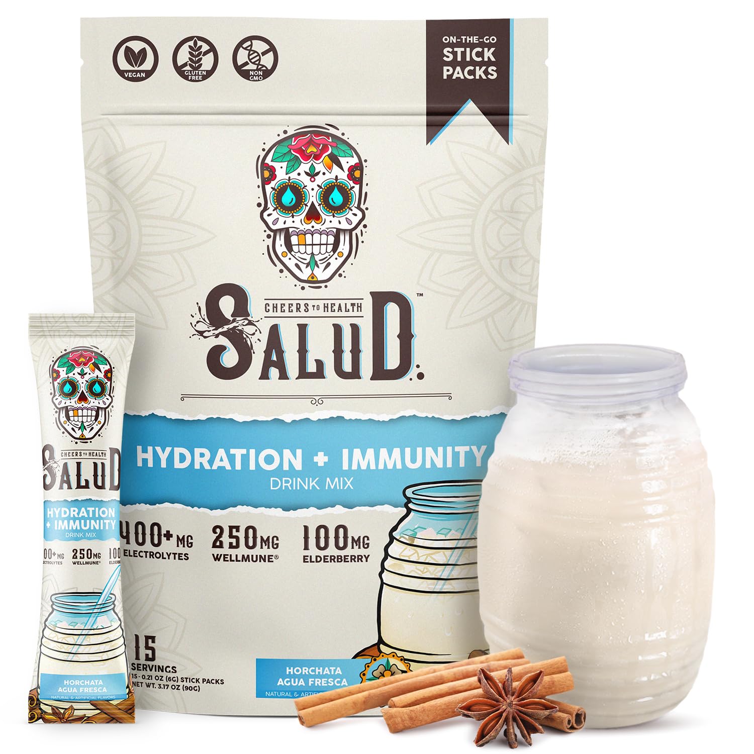 Salud 2-in-1 Hydration Packets + Immunity Electrolytes Powder, Horchata - Agua Fresca Drink Mix, Elderberry, Dairy & Soy Free, Non-GMO, Gluten Free, Vegan Taste Salud buy supplements canada