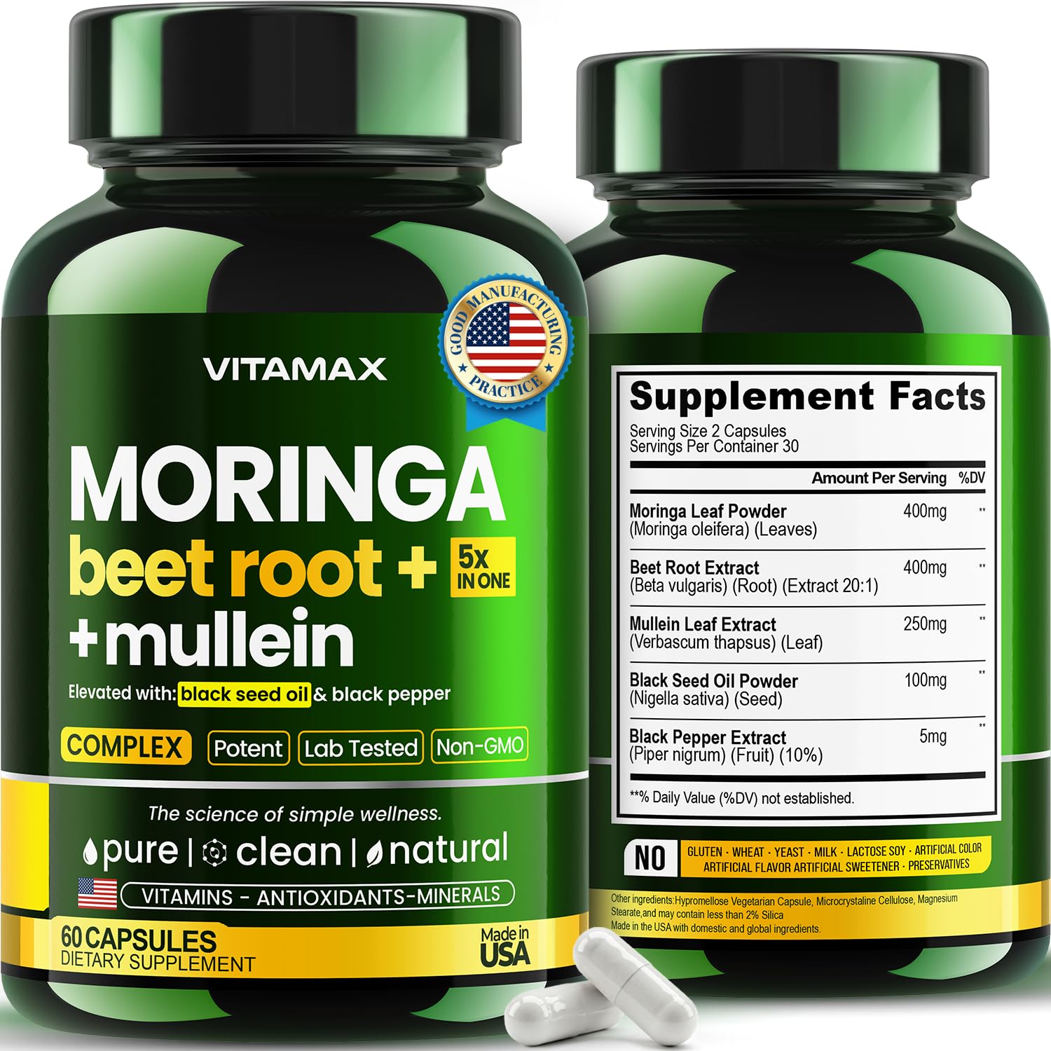 Moringa Capsules, Beet Root, Mullein Leaf - Energy, Skin, Immune Supplement Superfood, Rich in Antioxidants, Minerals & Essential Vitamins - High Absorption Non-GMO - Made in USA - 60ct Vitamax buy supplements canada
