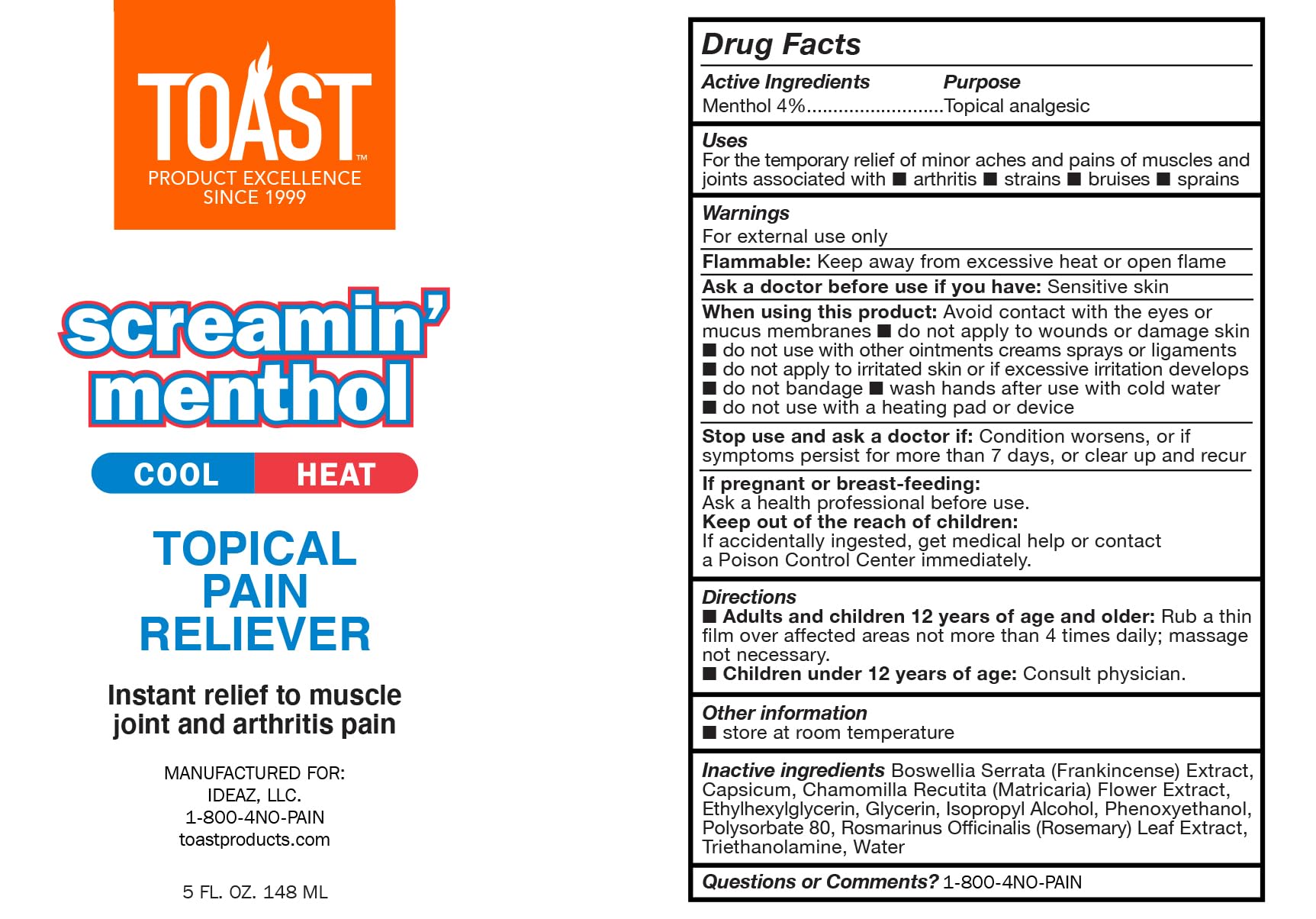 Toast Screamin Menthol Cool Heat Topical Pain Relief Cream for Muscles and Joints - 5 Ounces Toast buy supplements canada