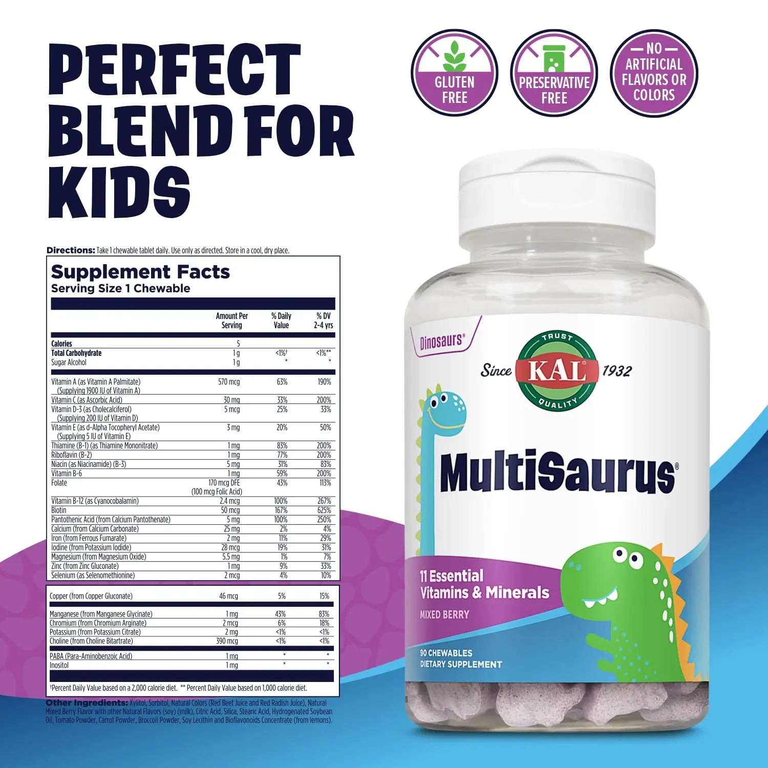 KAL MultiSaurus Kids Chewable Multivitamins, 11 Essential Vitamins and Minerals for Kids, Mixed Berry Flavor, Gluten and Preservative Free KAL buy supplements canada