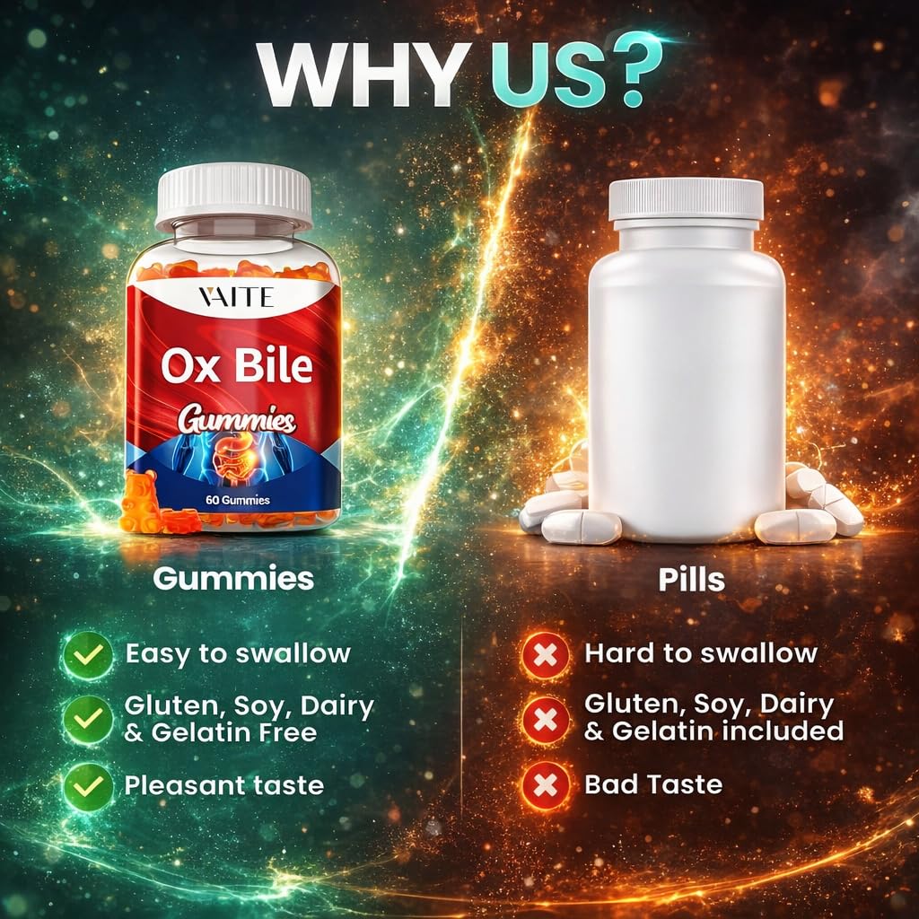 VAITE Ox Bile Gummies – 500mg Digestive Support for Gallbladder & Gut Health – Non-GMO, Sugar-Free Supplement – Helps Nutrient Absorption & Bile Flow – 60 Easy-to-Chew Bile Acid Chewables VAITE buy supplements canada