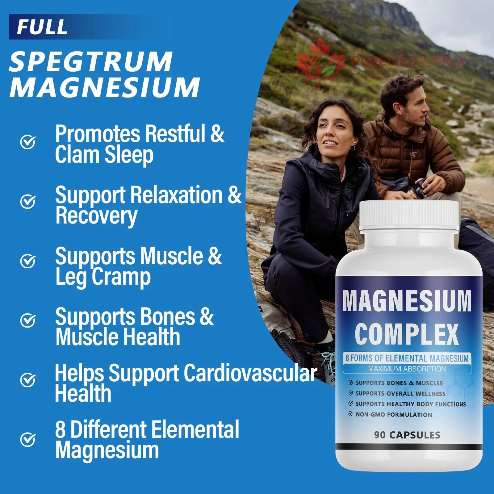 Magnesium Complex Supplement - 8 Elemental Magnesium 1000mg - Glycinate, Citrate, Malate, Taurate Chelated | Easy Absorption, Energy Support | Vegan Non-GMO, 90 Capsules (1pc) KFUKFU buy supplements canada