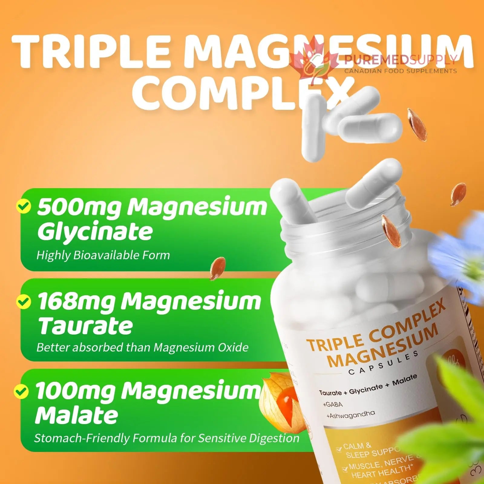 Triple Magnesium Complex - Magnesium Glycinate, Taurate & Malate Supplement with Omega3, Ashwagandha, GABA for Sleep, Brain Heart & Muscle Support - High Absorption and Gentle, Vegan, 120 Capsules iMATCHME buy supplements canada