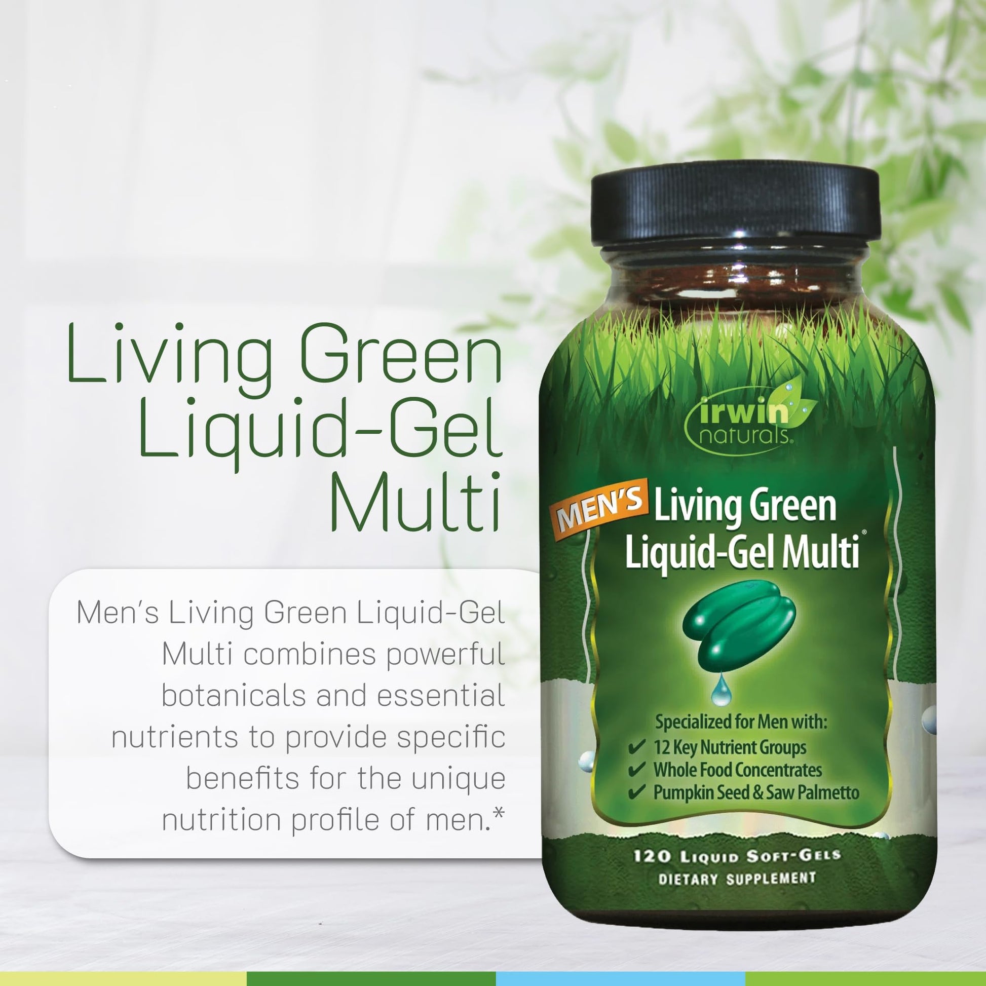 Irwin Naturals Men's Living Green Liquid-Gel Multi - 70 Essential Nutrients, Full-Spectrum Vitamin Supplements for Men, Wholefood Blend - Promotes Brain & Adrenal Support - 120 Liquid Soft-Gels Irwin Naturals buy supplements canada