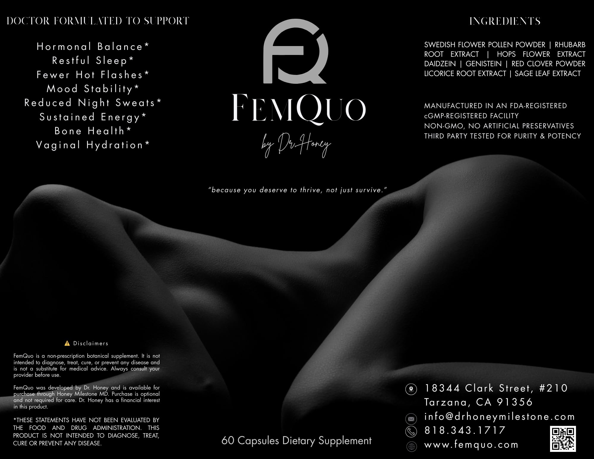 FemQuo by Dr. Honey Menopause & Perimenopause Support for Women Non Hormonal OBGYN Formulated with Rhapontic Rhubarb Red Clover Hops &Sage to Help Hot Flashes Night Sweats Sleep and Mood 60 Capsules FemQuo by Dr. Honey buy supplements canada