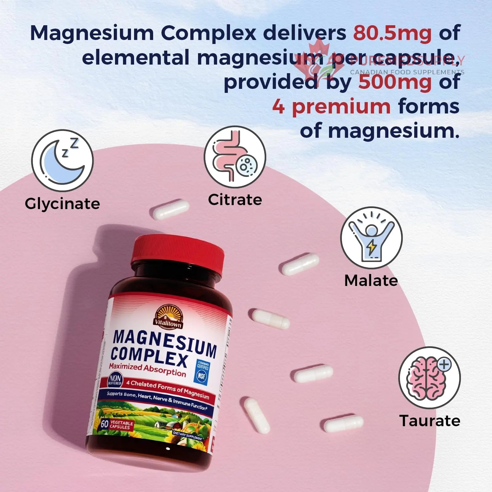 Vitalitown Magnesium Complex Supplement 500mg - NSF Certified Magnesium Glycinate, Malate, Taurate & Citrate - Chelated High Absorption & Gentle on Stomach - Vegan Non-GMO 120 Capsules VITALITOWN buy supplements canada
