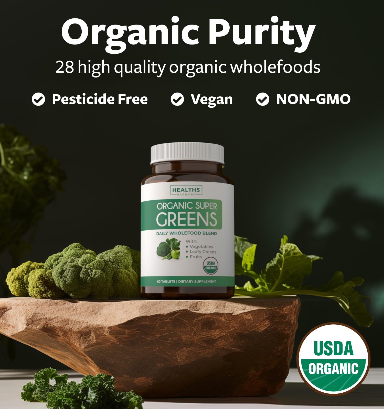 USDA Organic Super Greens Supplement - Organic Greens Fruits and Vegetable Supplement for Adults with 28 Superfood Complex with Superfruits Roots Herbs & More - Vegan & Non-GMO (Up to 1 Month Supply) Healths Harmony buy supplements canada