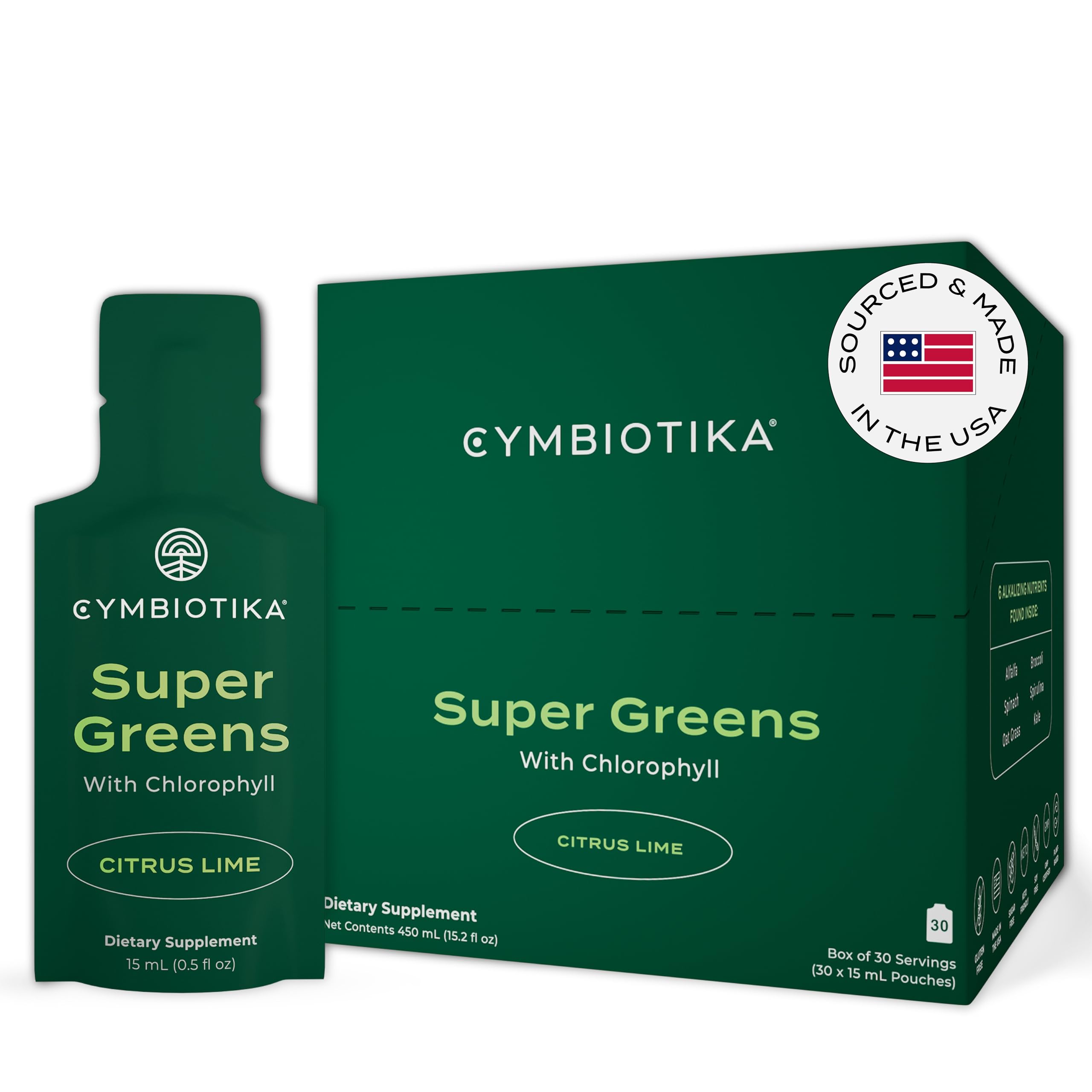 CYMBIOTIKA Super Greens Supplement with Chlorophyll, Spirulina, Daily Vegan Superfood Packets for Digestive Gut Health, Detox, Energy and Immune Support, Citrus Lime Flavor, 15 mL Pouches, 30 Pack CYMBIOTIKA buy supplements canada