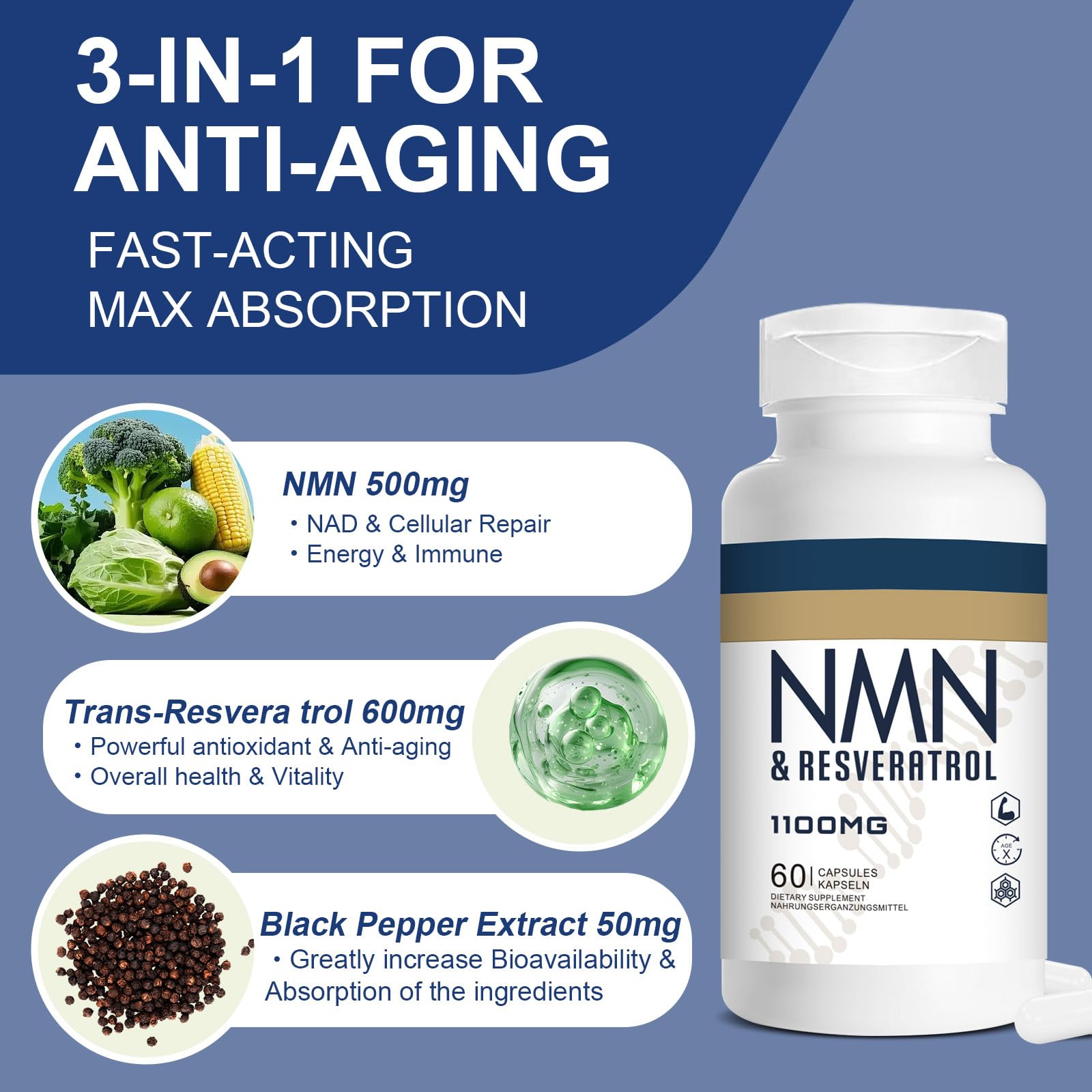 Jeaderly 1100mg NMN & Trans-Resveratrol, 3-in-1 Supplement, 60 Veggie Capsules – Supports NAD+ Boost*, Cellular Energy, Immune Function, Muscle Health & Anti-Aging, 30-Day Supply Jeaderly buy supplements canada