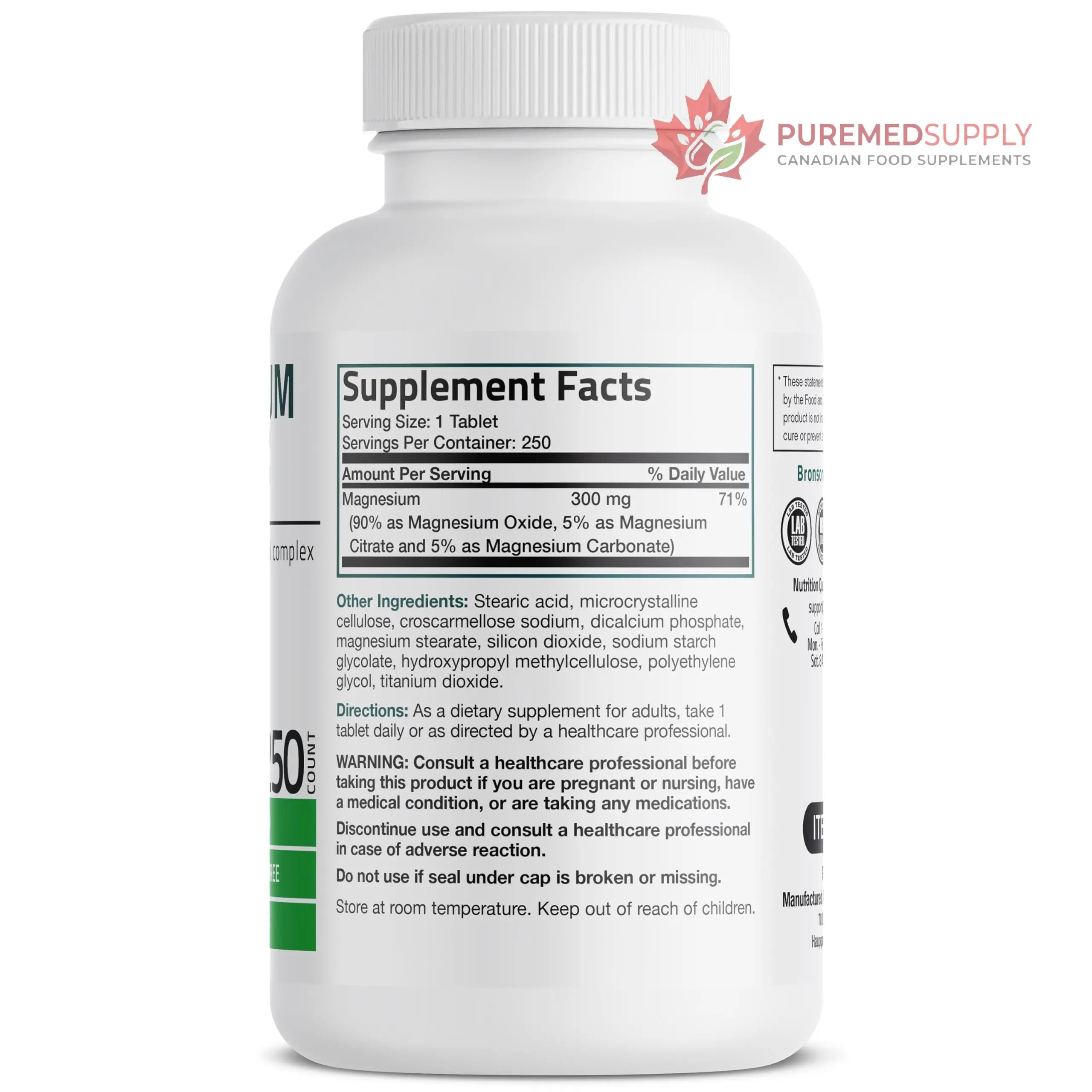 Bronson Triple Magnesium Complex Maximum Coverage 300mg - Non-GMO Formula, 250 Tablets Bronson buy supplements canada