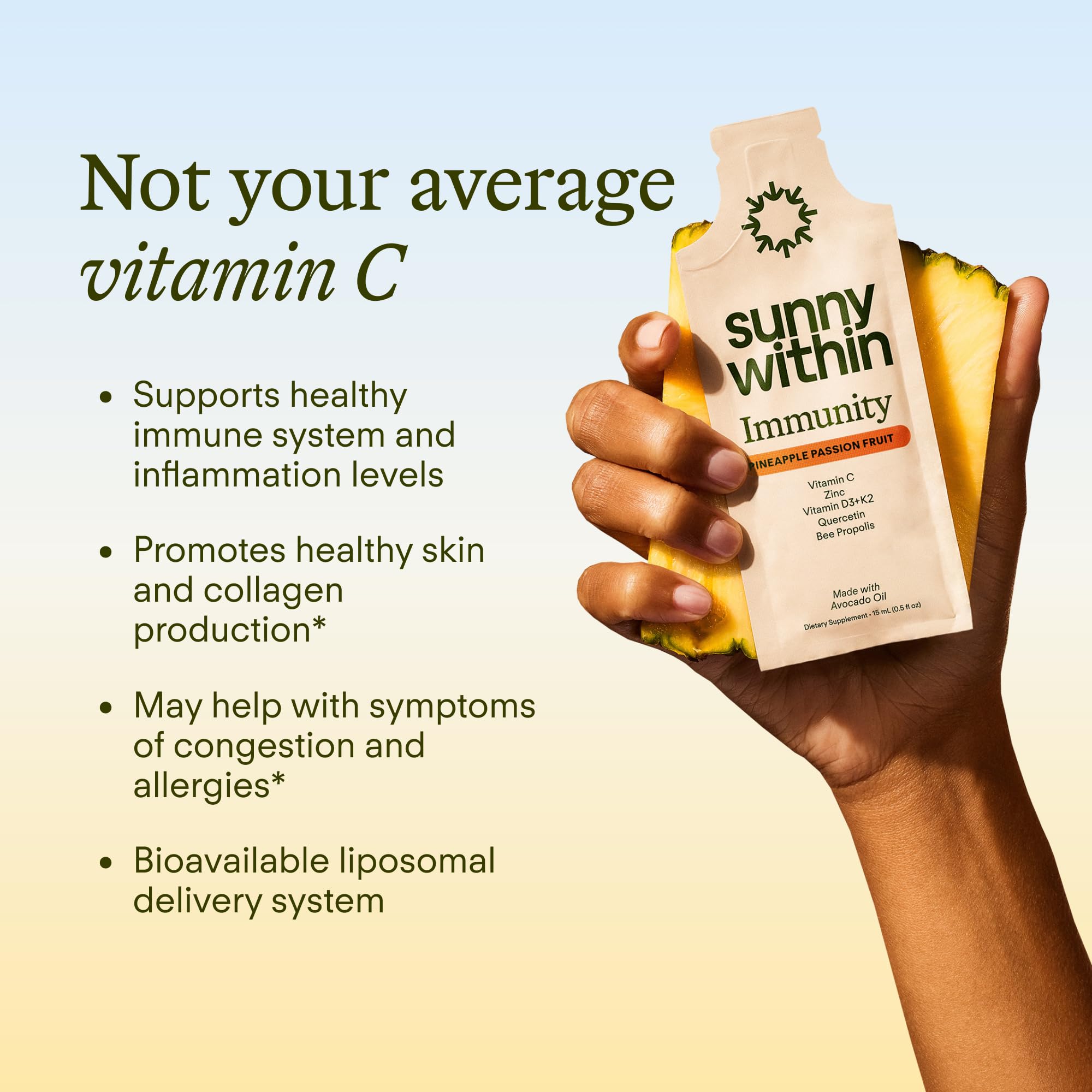 Sunny Within Immunity - 6-in-1 Liposomal Vitamin C Packets, Zinc, D3 + K2, Quercetin, Bee Propolis & Avocado Oil - Antioxidant Liquid Supplement for Immunity, Skin & Bone* - 30 Pouches Sunny Within buy supplements canada