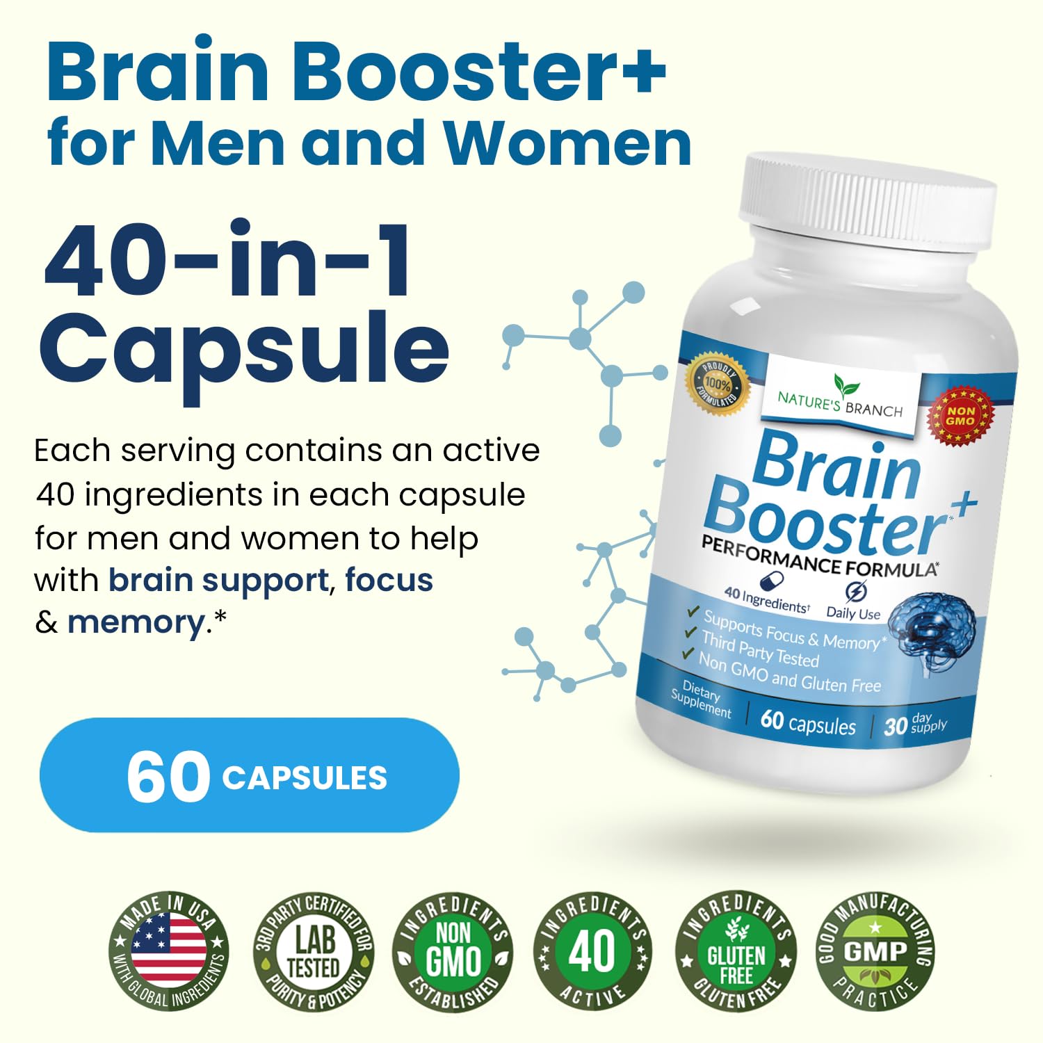 40-in-1 Brain Booster Supplement for Focus, Memory, Clarity, Energy | Advanced Vitamins Plus eBook | for Men & Women, Cognitive Function Nootropic Support with DMAE, Mind Health Formula | 60 Capsules NATURE'S BRANCH buy supplements canada