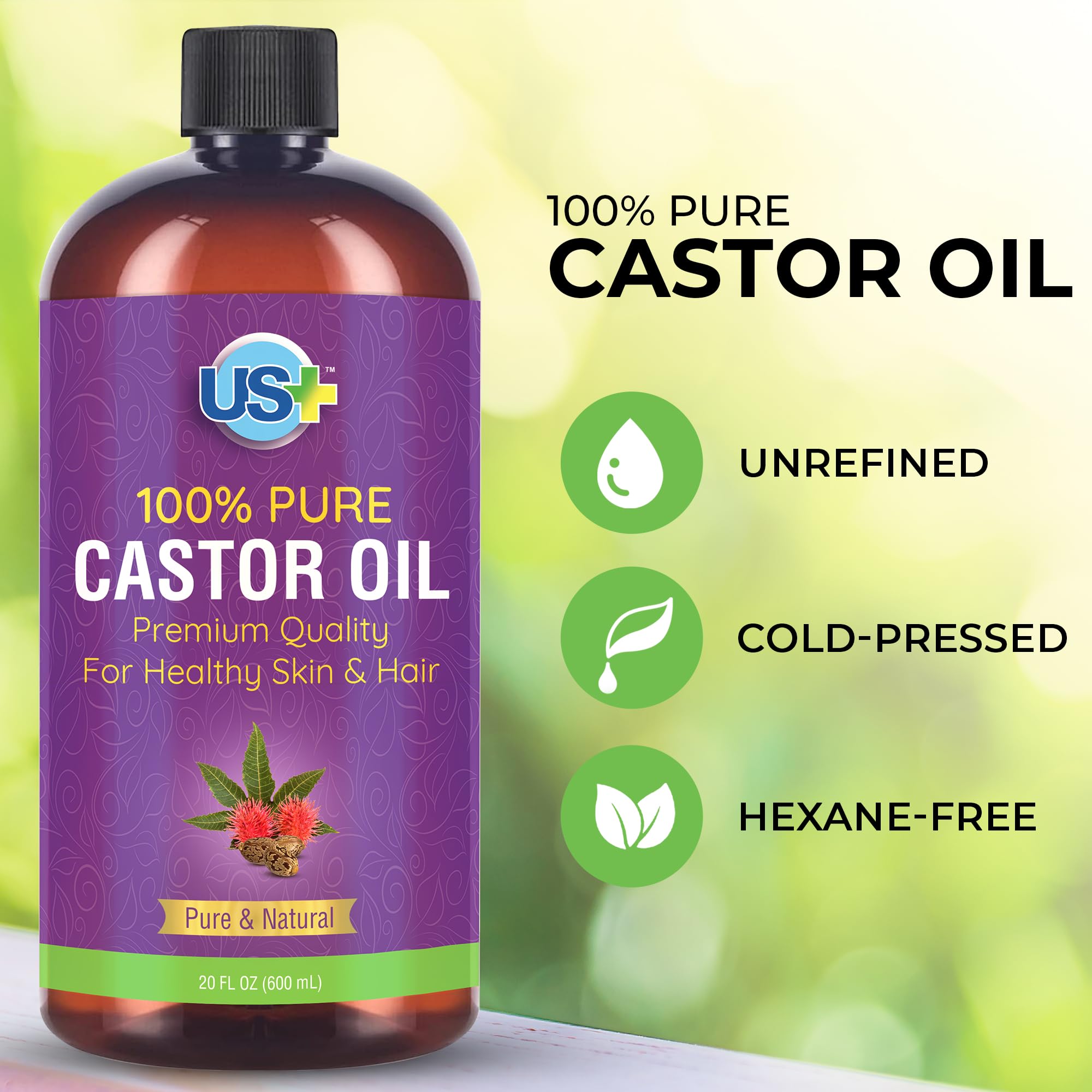Us+ 20oz 100% Pure Castor Oil - Cold-pressed, Unrefined, Hexane-free - USP Grade - Premium Quality Us+ buy supplements canada