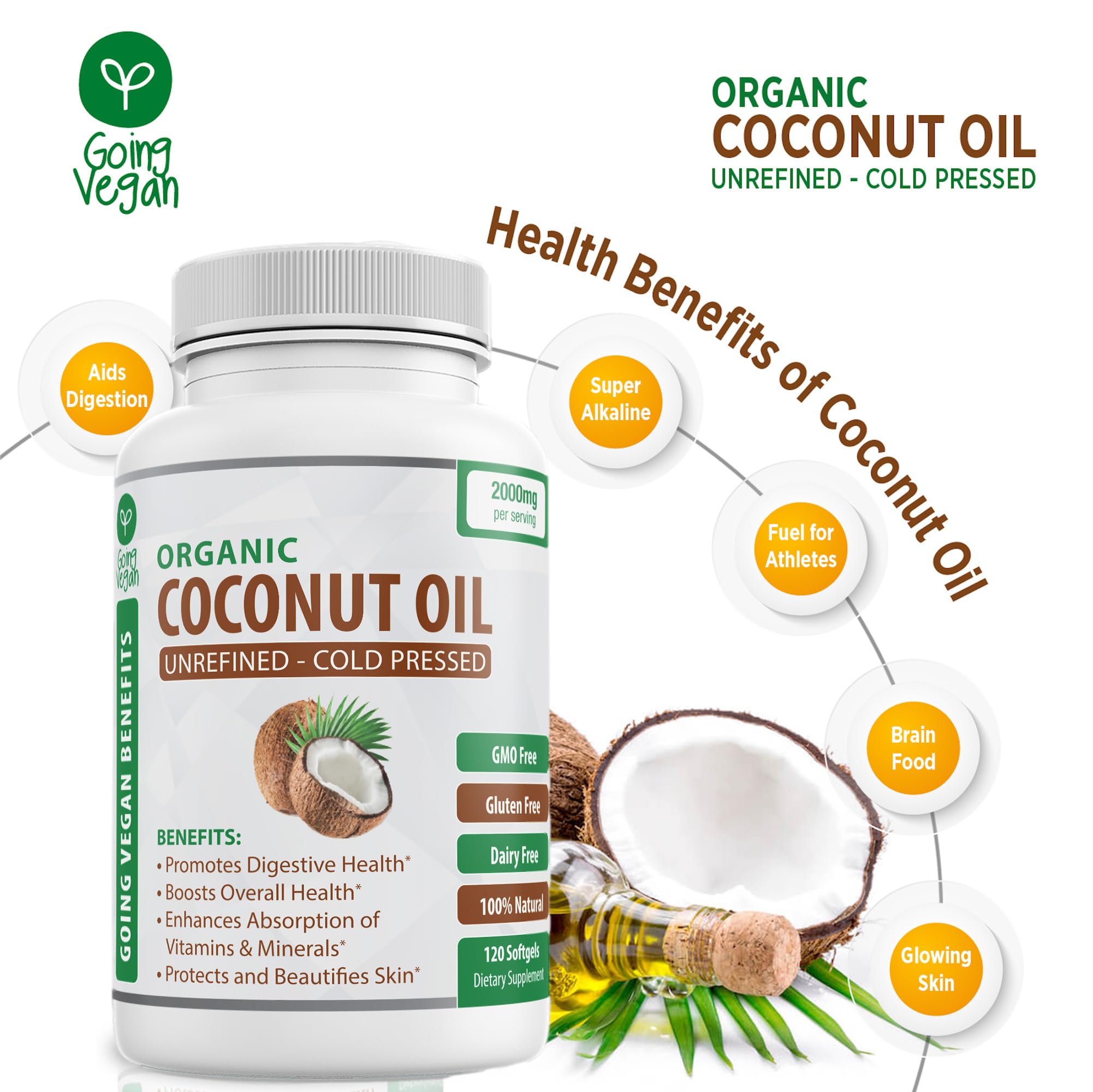 Organic Coconut Oil Capsules 2000mg - 100% Extra Virgin, Cold Pressed for Healthy Skin Going Vegan buy supplements canada