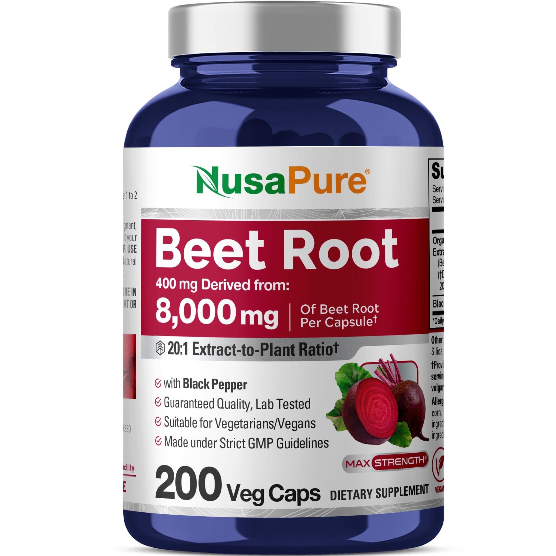 NusaPure Organic Beet Root 20:1 Extract, 400 mg Equivalent to 8,000 mg - Black Pepper 4:1 Extract, 10 mg - 200 Veggie caps (Vegan, Non-GMO) NusaPure buy supplements canada