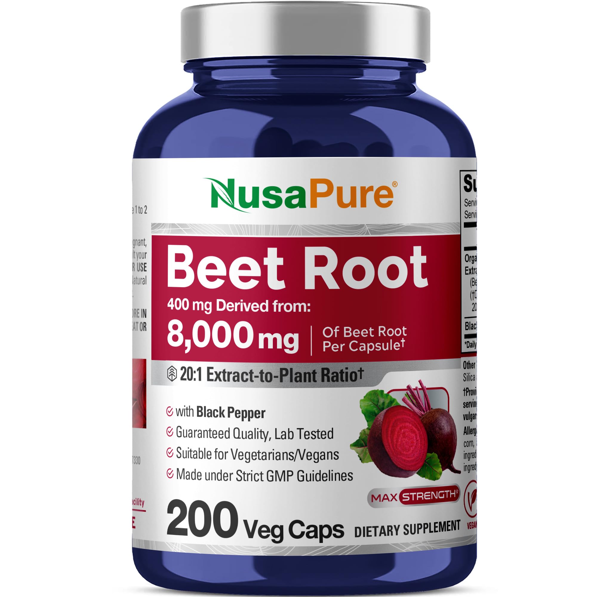 NusaPure Organic Beet Root 20:1 Extract, 400 mg Equivalent to 8,000 mg - Black Pepper 4:1 Extract, 10 mg - 200 Veggie caps (Vegan, Non-GMO) NusaPure buy supplements canada