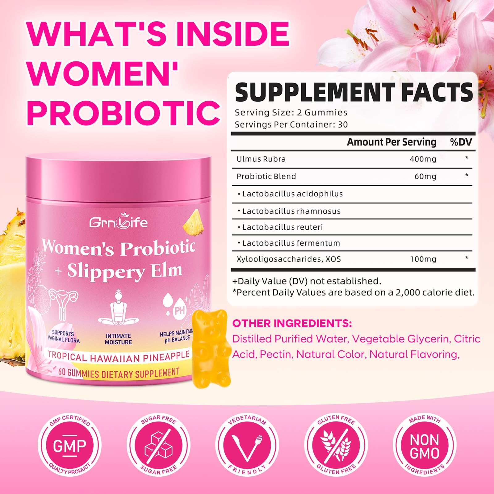 GrnLife Women's Probiotic Slippery Elm Gummies, Her Juicy Feminine Probiotics Gummies for pH Balance & Immune Supports, Pineapple Flavor, 60 Count GrnLife buy supplements canada