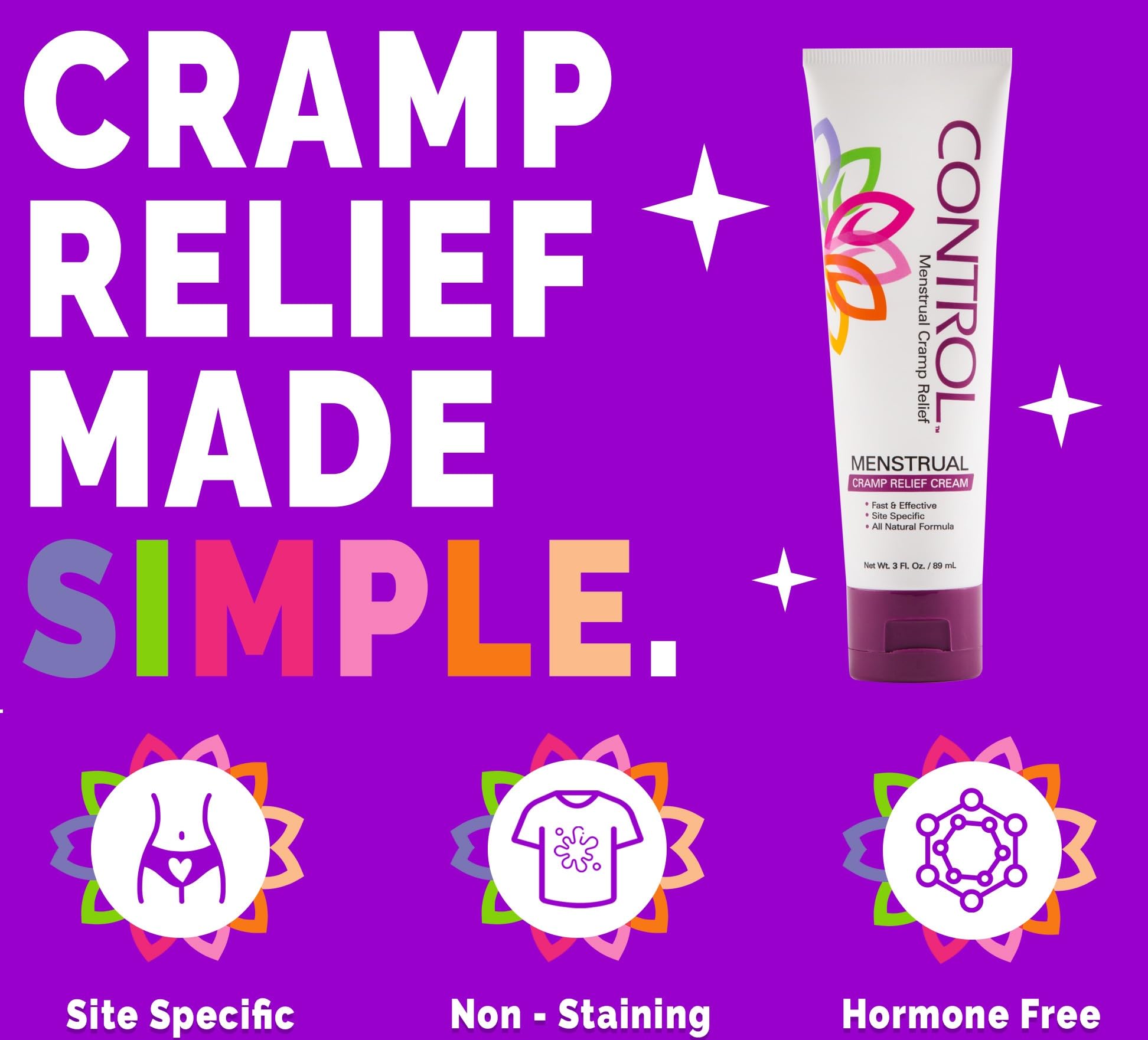 CONTROL, Menstrual Cramp Relief Cream, Topical Pain Relief for Period Cramps and PMS, Period Relief Products, Fast and Effective, Easy to Use, Safe for All Ages, Hormone Free, All Natural, 3 oz Tube. CONTROL buy supplements canada