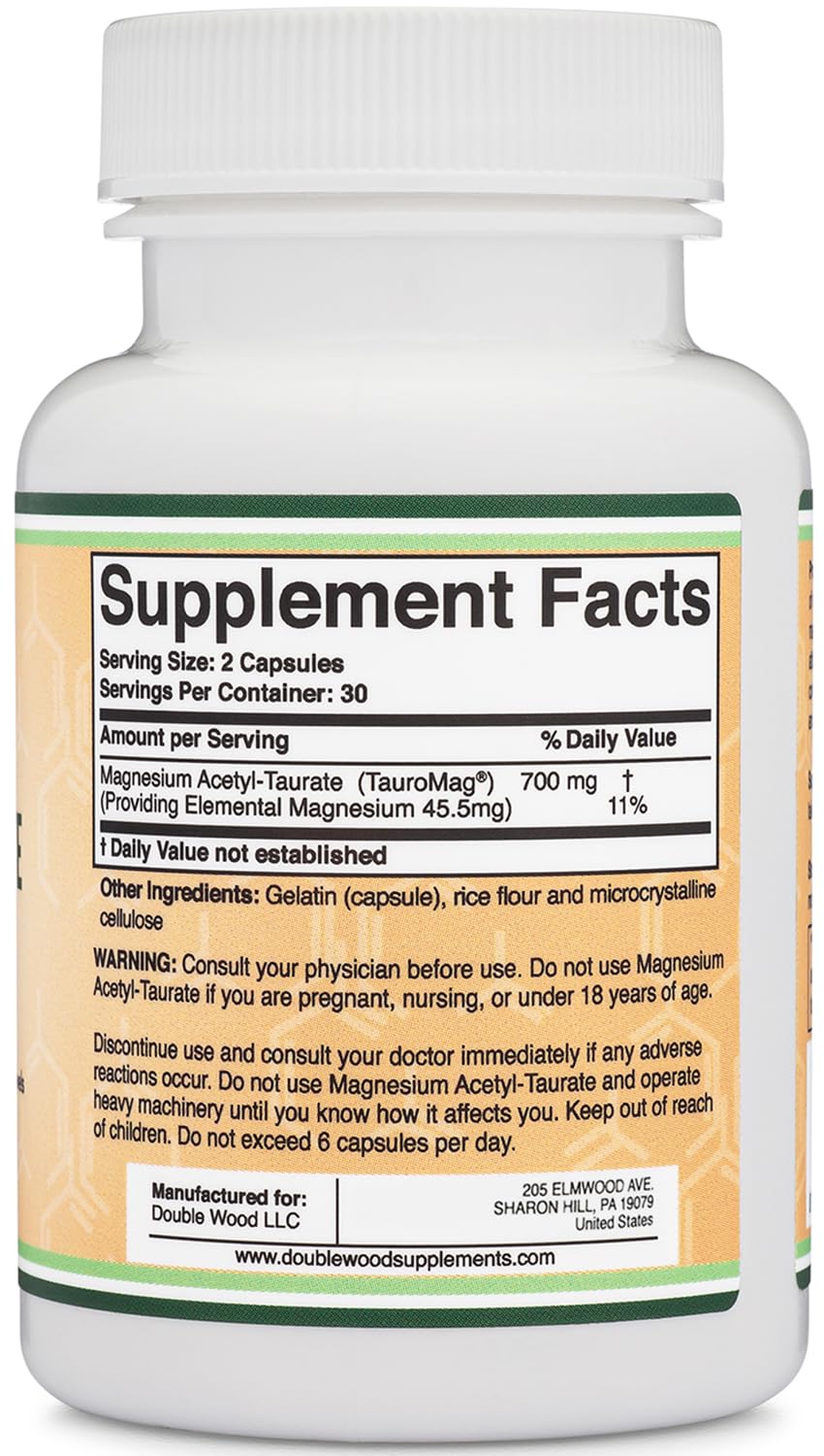 Magnesium Acetyl-Taurate (ATA MG, TauroMag) Novel and Patented Form of Magnesium for PMS and Cramp Relief (60 Capsules, 350mg) PMS Relief Magnesium Supplement by Double Wood Supplements Double Wood Supplements buy supplements canada